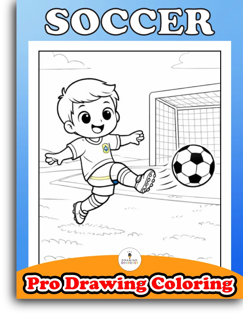 A boy kicking a ball into the net, these sports coloring pages are a super easy free printable for kids.