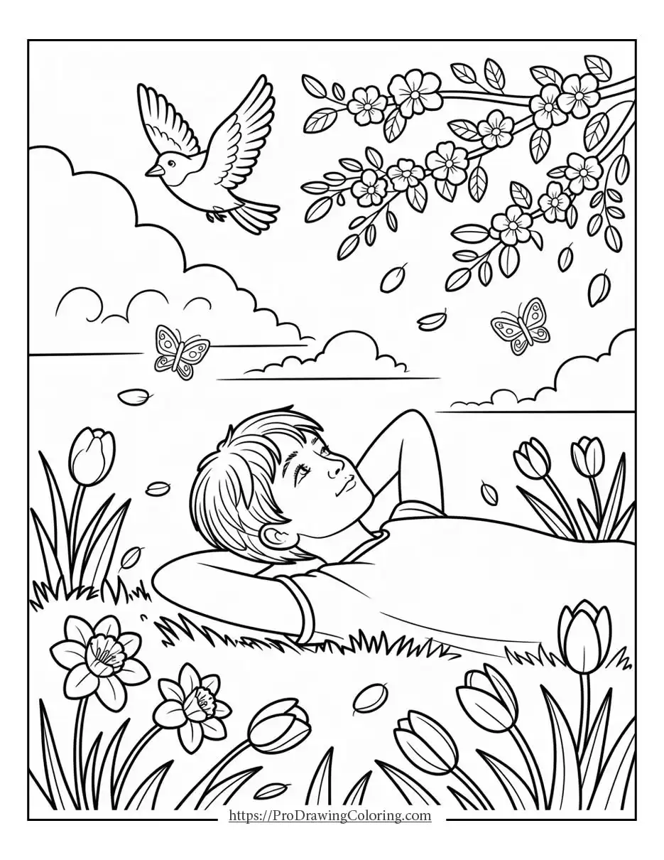 a calm illustration of a boy resting on the grass watching birds and flowers in spring, printable as a spring coloring page