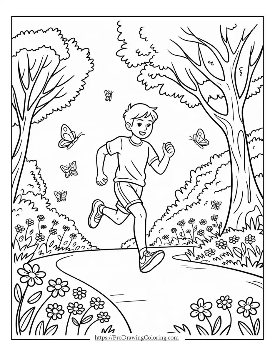 child running on a path surrounded by trees, butterflies, and flowers in a lively spring forest