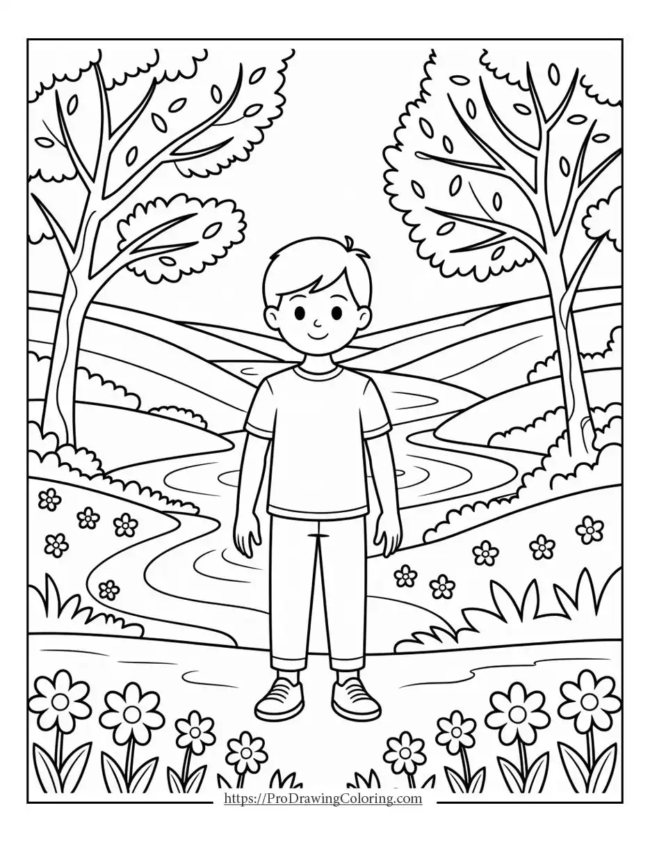 young boy standing in a spring valley with flowers, trees, and a winding path in the background