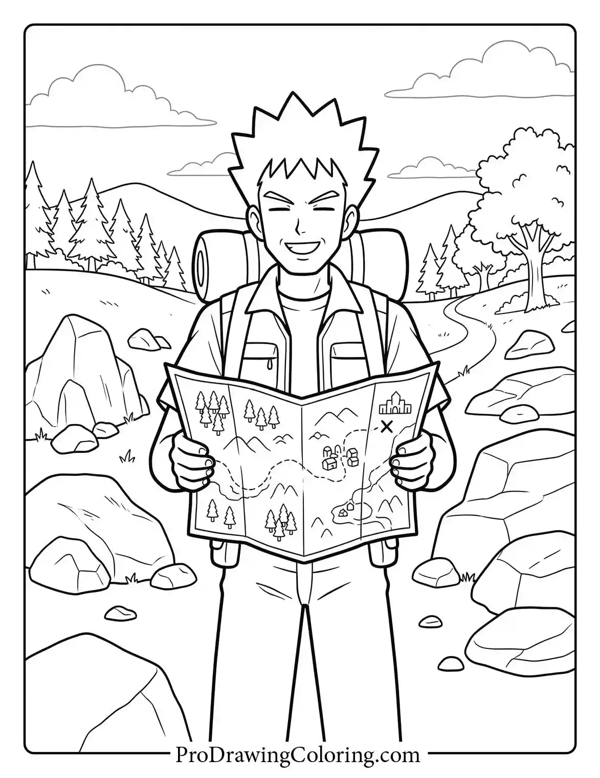 Printable Pokemon coloring page featuring Brock exploring a rocky mountain trail while holding an open map.