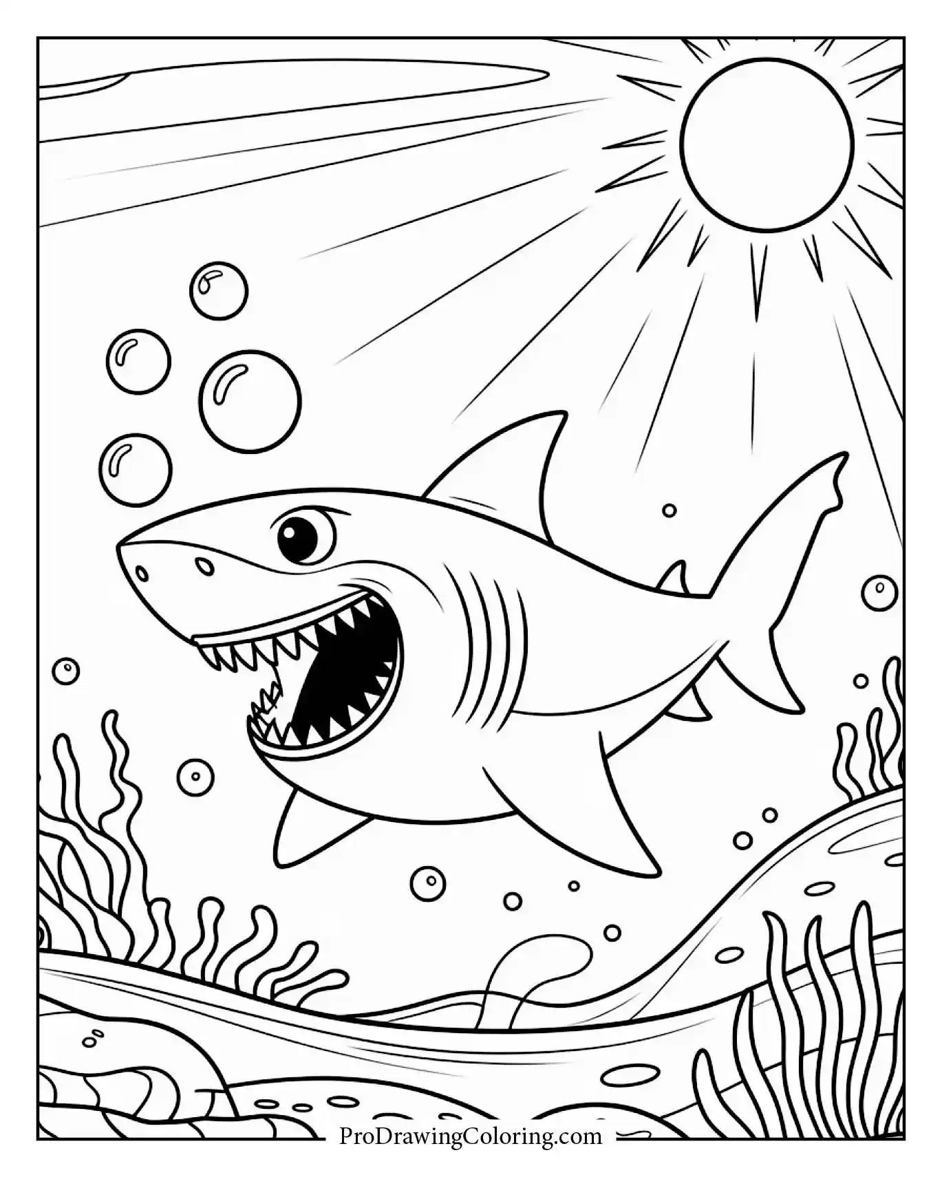 A smiling shark chasing bubbles shining in sunlight