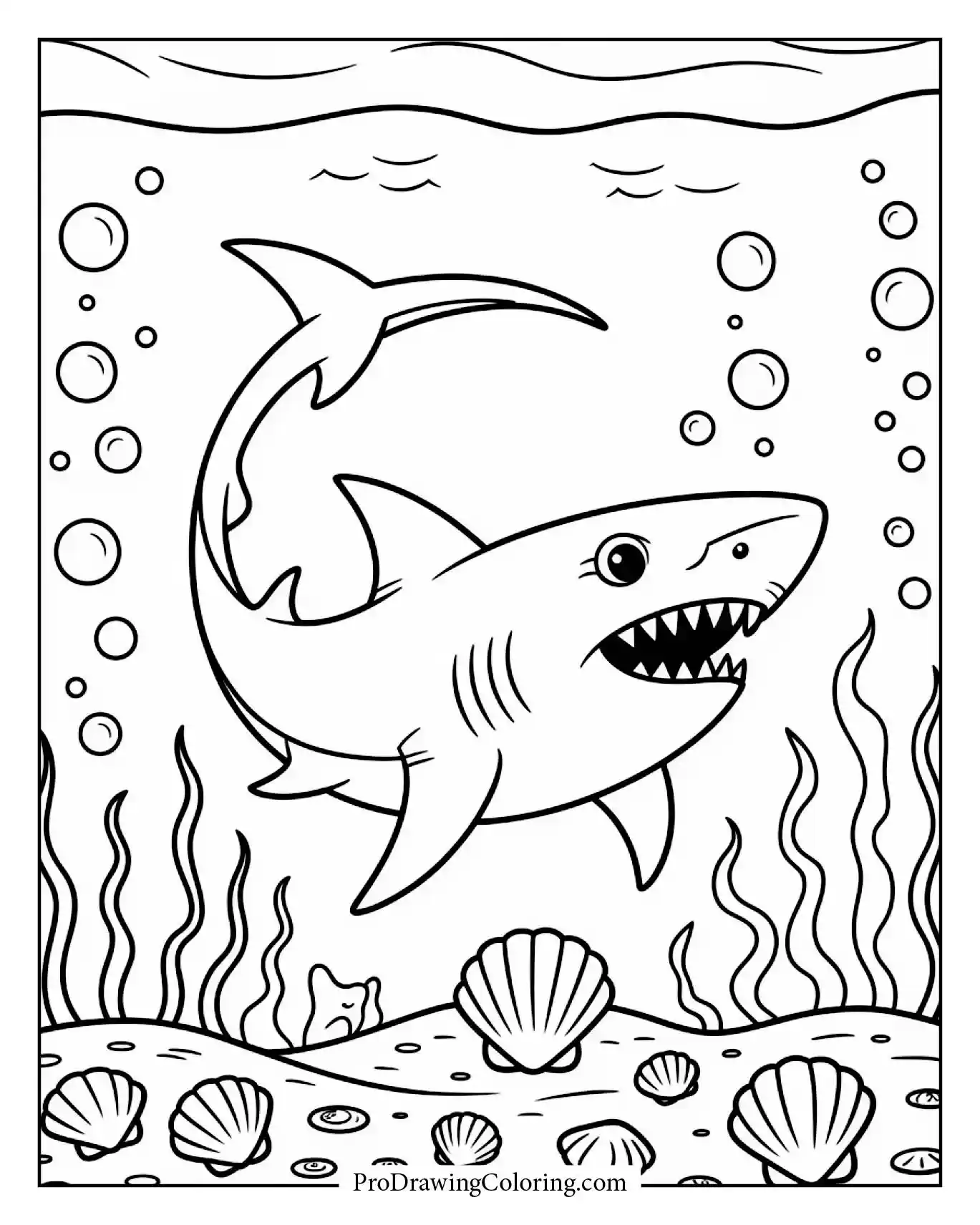 A friendly shark floating among bubbles and seashells printable coloring page