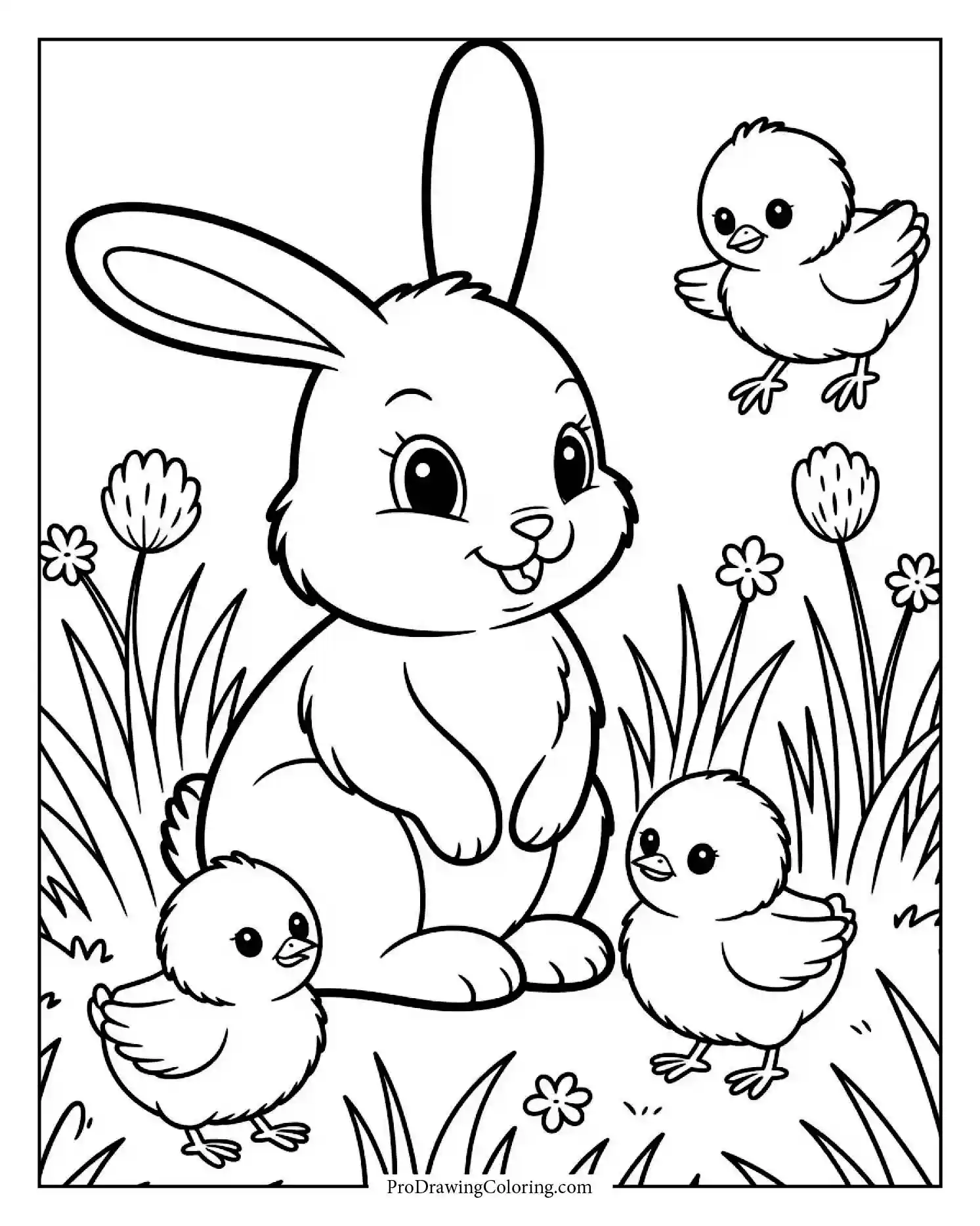 bunny and baby chicks coloring page Printable bunny coloring sheet with bunny surrounded by baby chicks