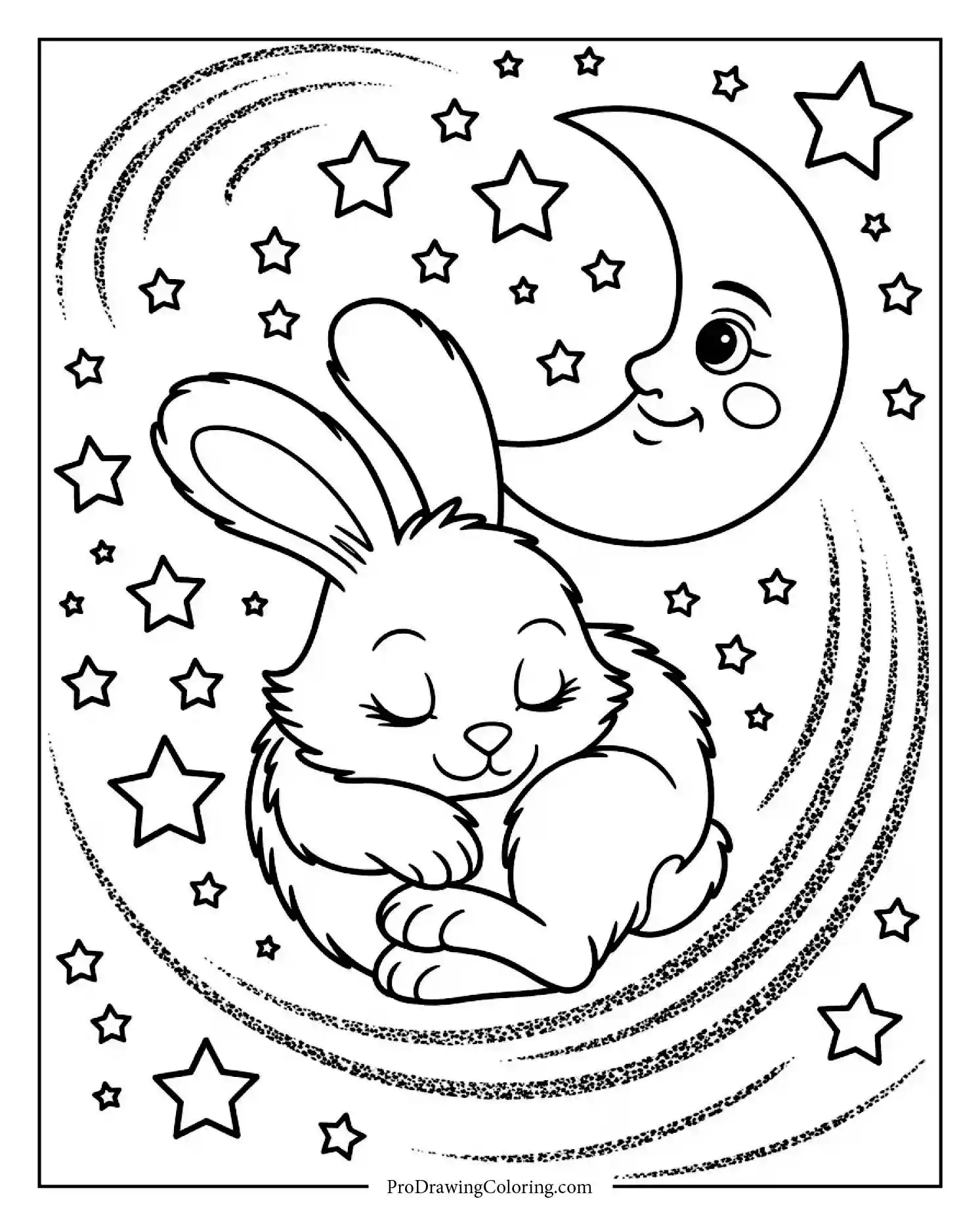 bunny and moon dream scene Fantasy bunny coloring page sleeping next to the moon, free printable