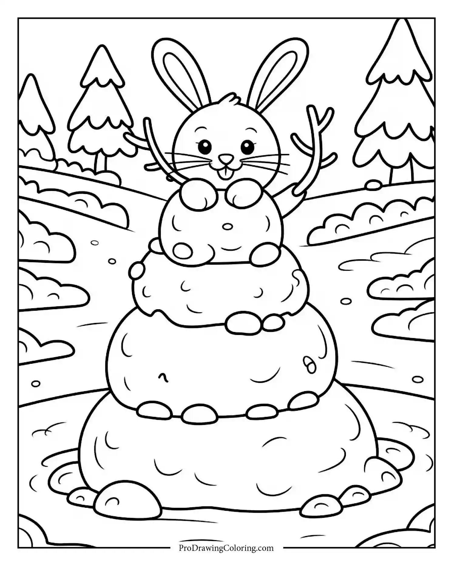 bunny building a snow bunny Winter bunny coloring page building a snow bunny, printable fun for all ages