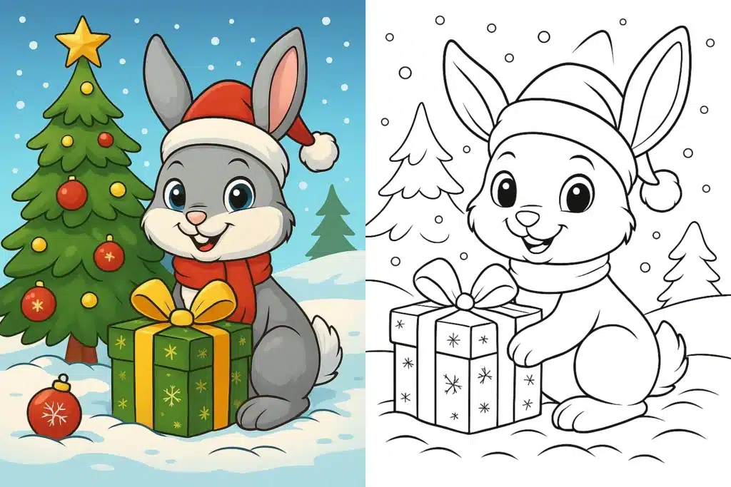 bunny coloring pages – cute cartoon bunny wearing a Santa hat and scarf sitting by a Christmas tree with presents; left side fully colored festive version, right side identical black-and-white coloring page for kids