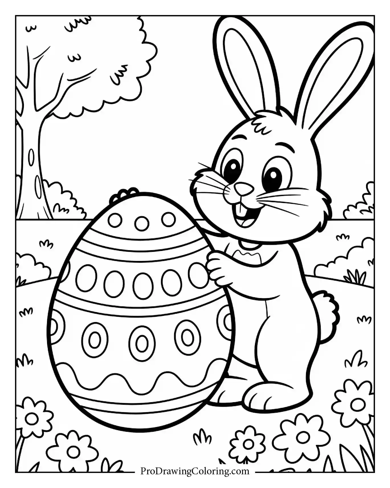 A bunny decorating a giant Easter egg in a park with trees and flowers. Cute Easter coloring page for family coloring time.