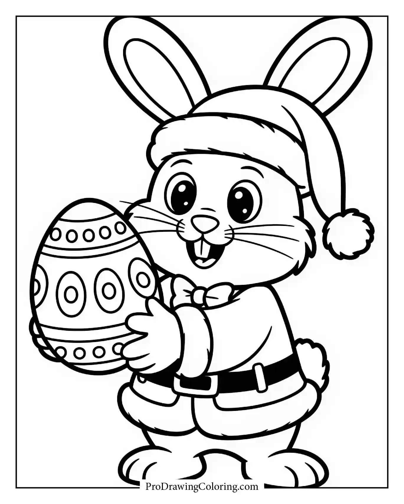 A bunny dressed as Santa holding a bright decorated Easter egg. A printable illustration in Pixar-Cartoon style. Fun coloring sheet to print and color at home.