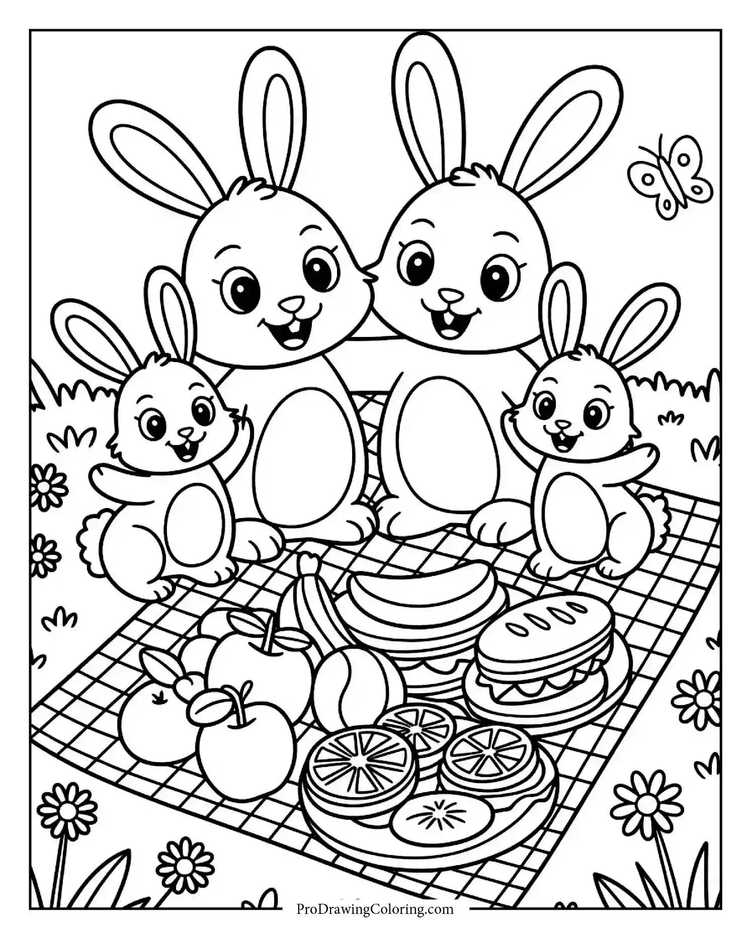 bunny family picnic Printable bunny family coloring page having a picnic outdoors, free to download