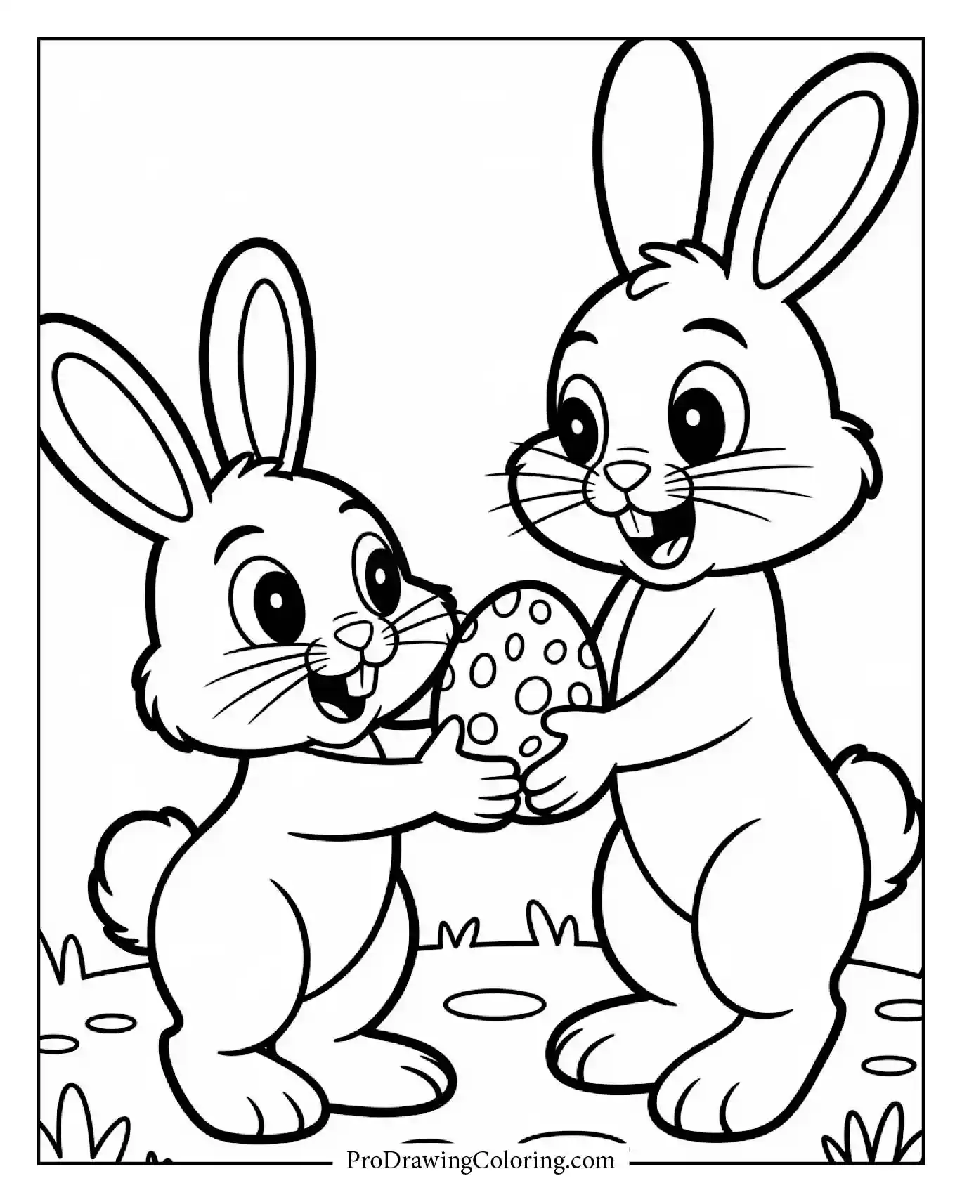 A bunny giving a decorated Easter egg as a present to another rabbit in a meadow. Enjoy this printable Easter scene for kids and adults.