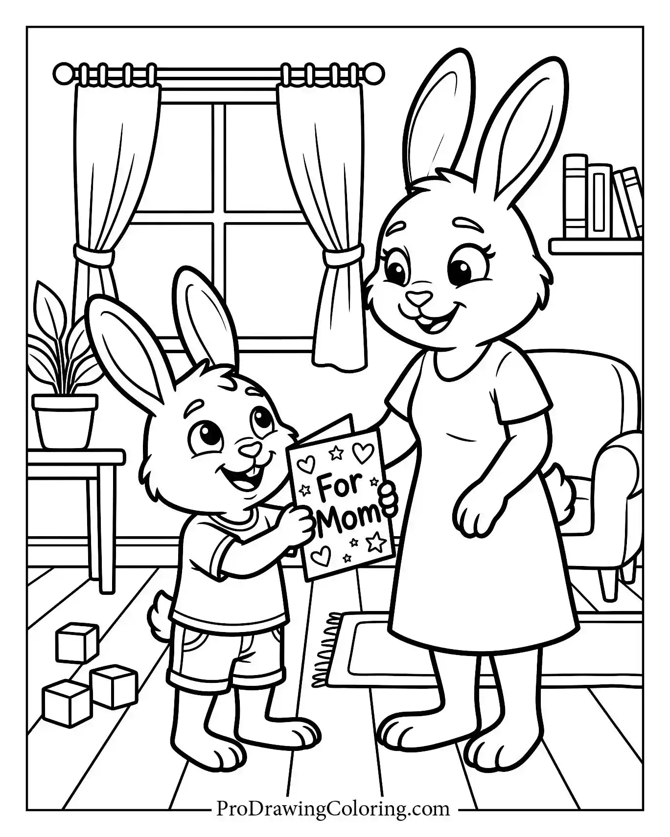 Cute bunny child handing a greeting card to its loving mother. A lovely mother's day card coloring page available at Pro Drawing Coloring.
