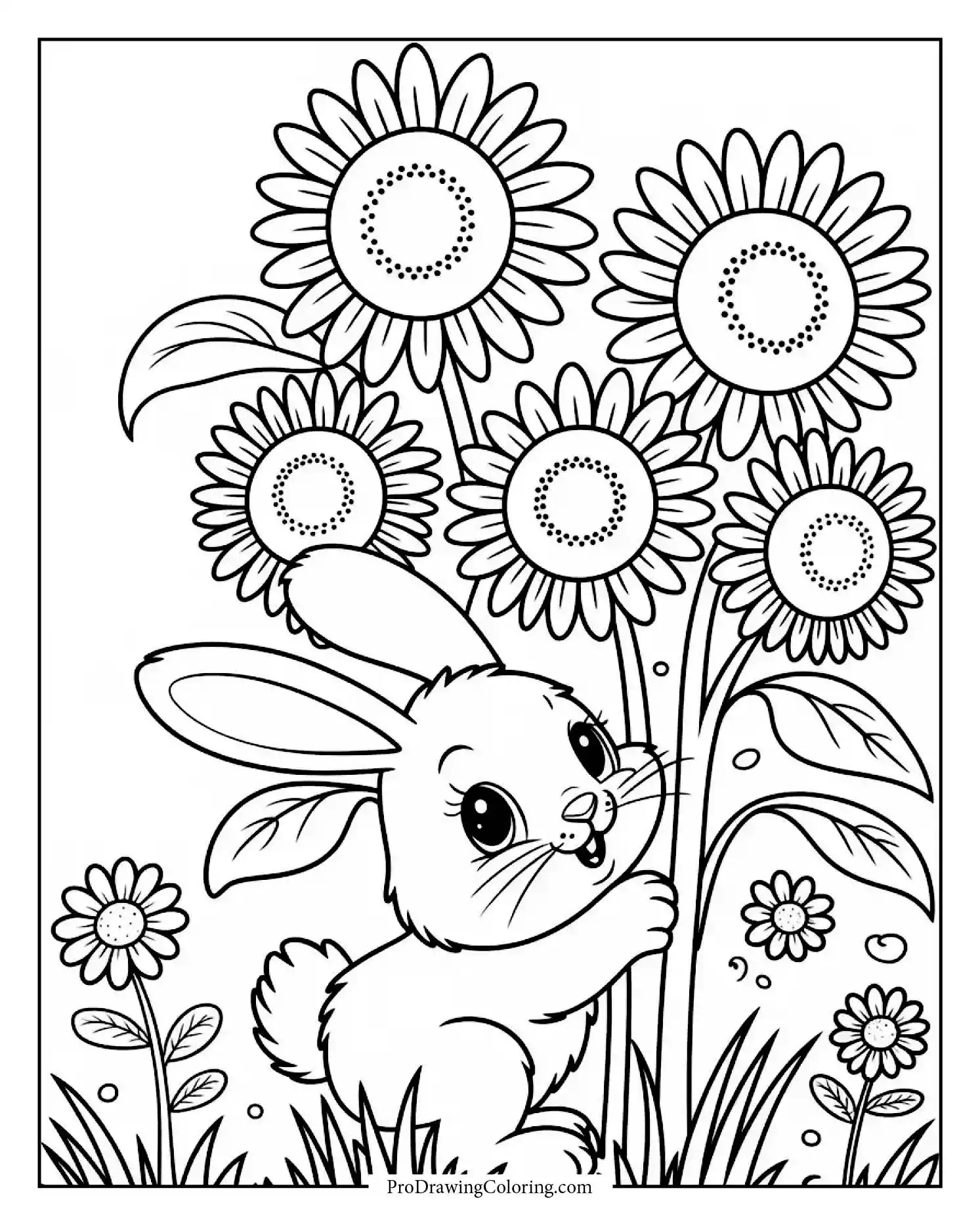 bunny hiding behind flowers Printable bunny coloring page with bunny peeking from behind flowers, free sheet