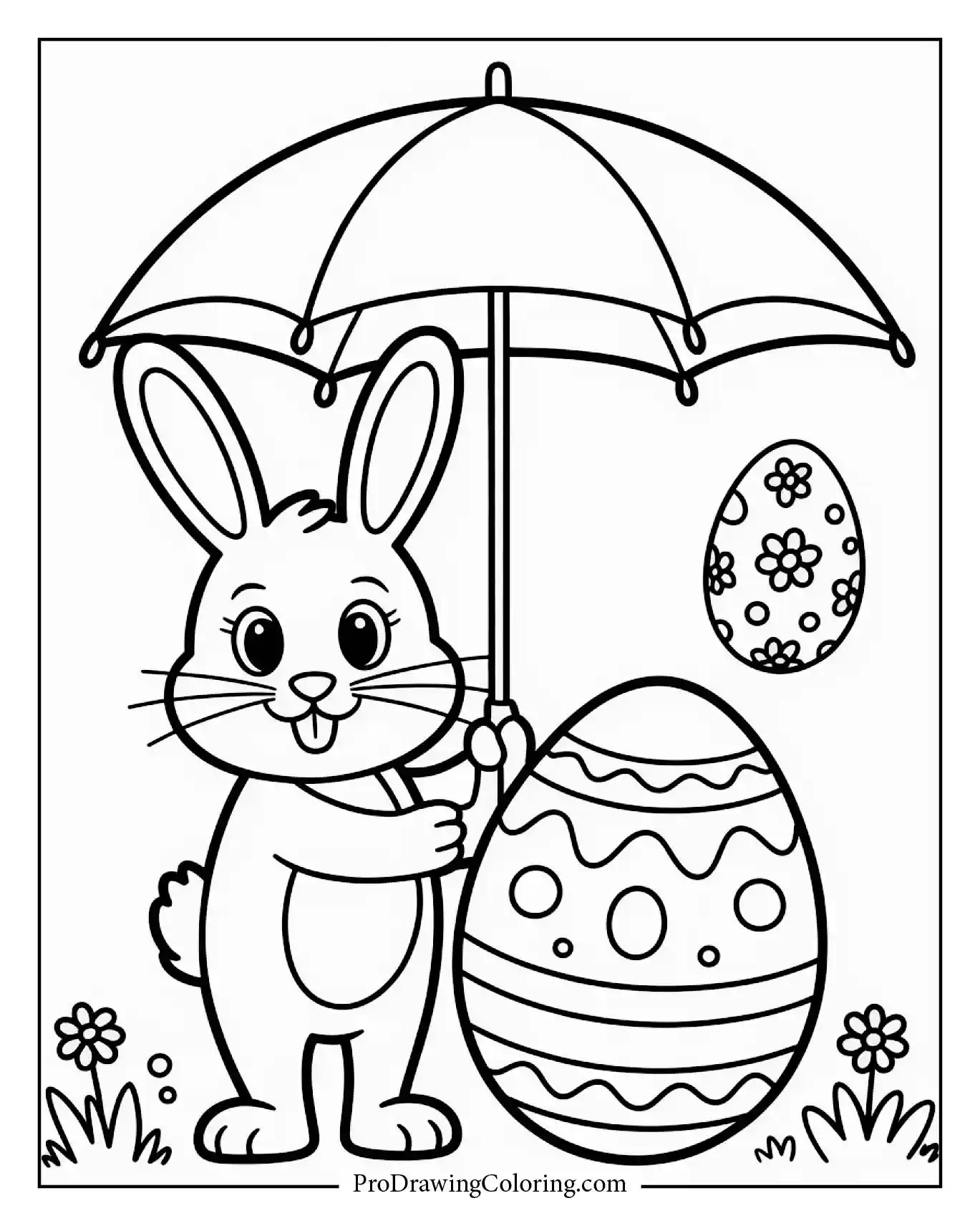 A bunny holding an umbrella shaped like an Easter egg near a field of flowers.