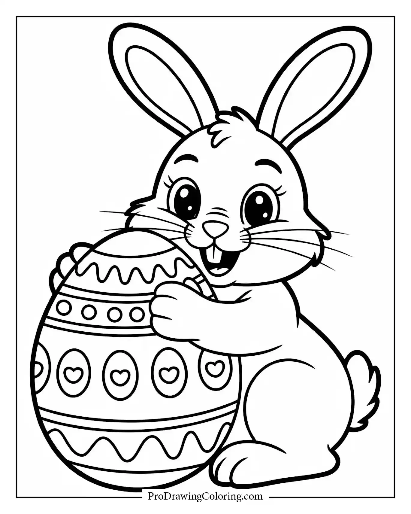 A cute bunny hugging an Easter egg decorated with ribbons and bows.