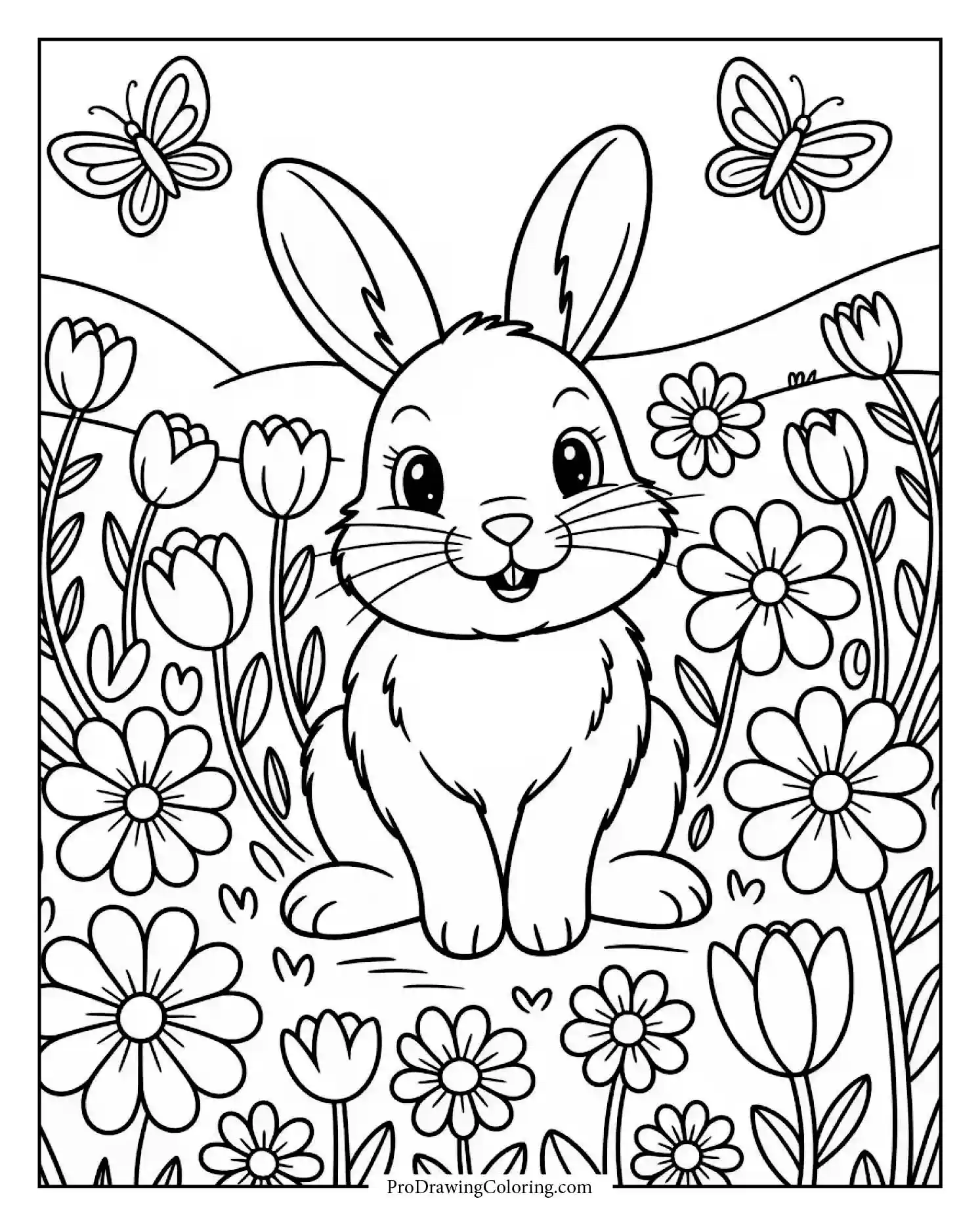 bunny in a flower field Printable bunny coloring page with bunny sitting in a flower-filled meadow