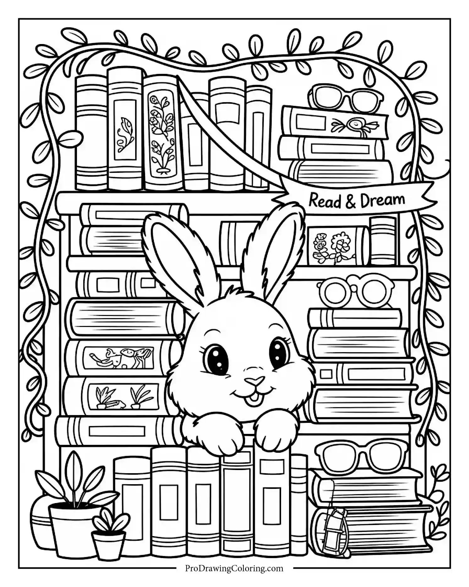 bunny in a library Educational bunny coloring page reading books in a library, free to print
