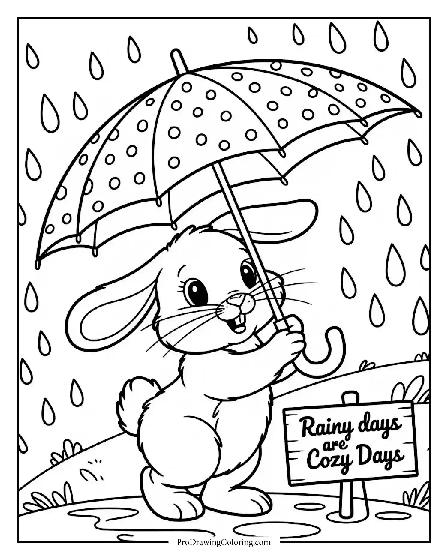 bunny in a rainy day scene Rainy day bunny coloring page with bunny under umbrella, free printable