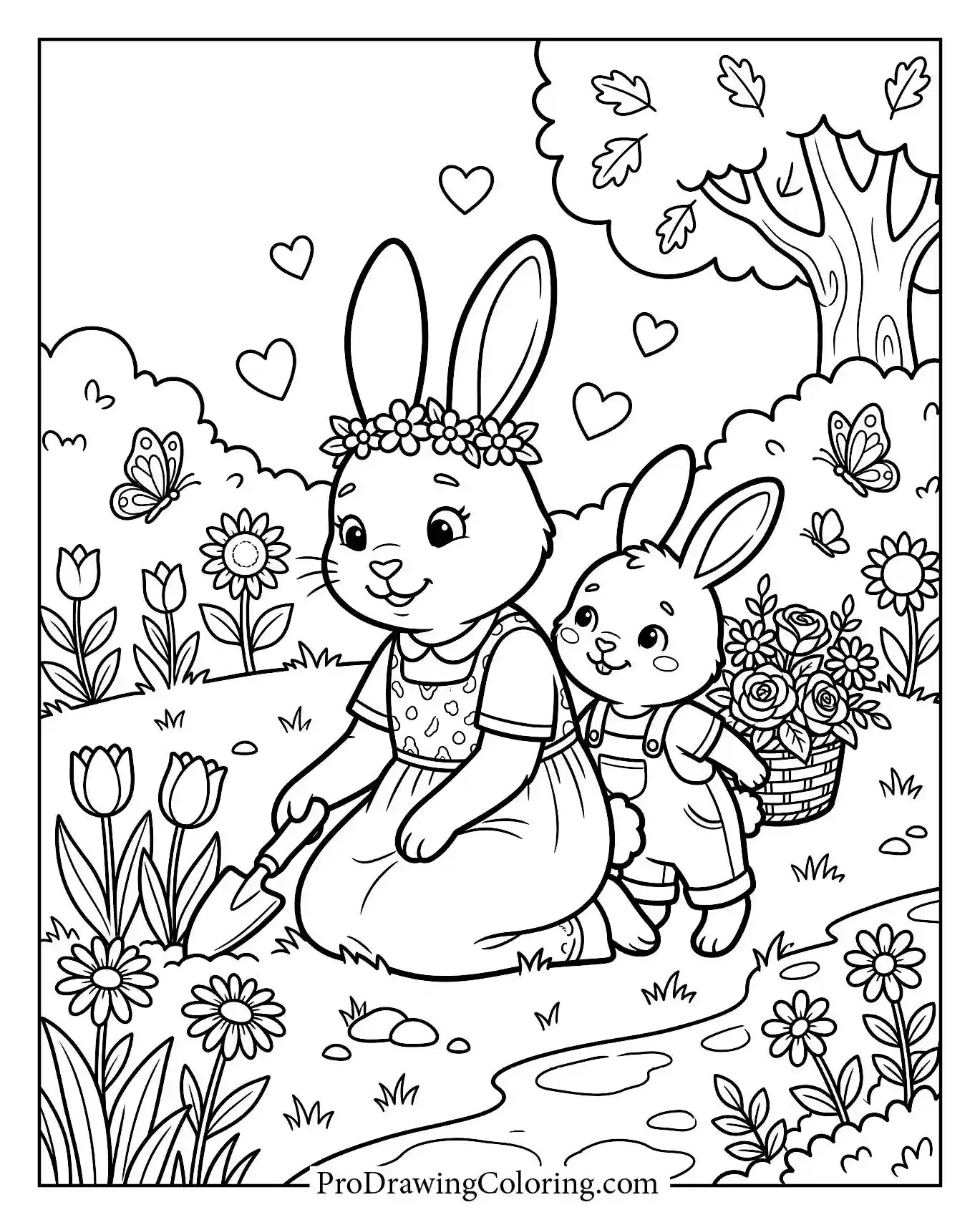 Mother bunny wearing a flower crown planting in the spring garden with her baby. A fun nature mothers day coloring sheet.