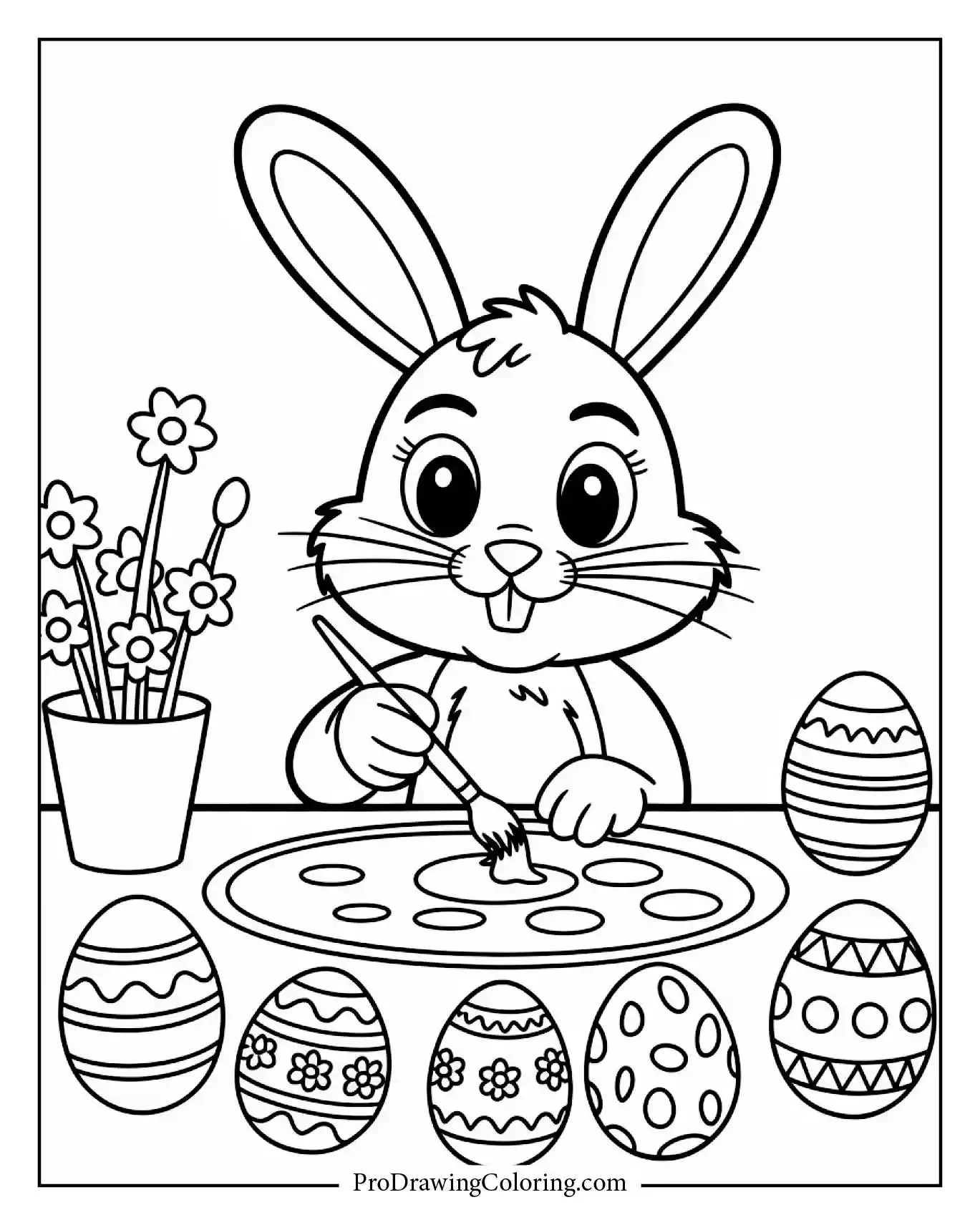 A bunny painting colorful Easter eggs on a small table.