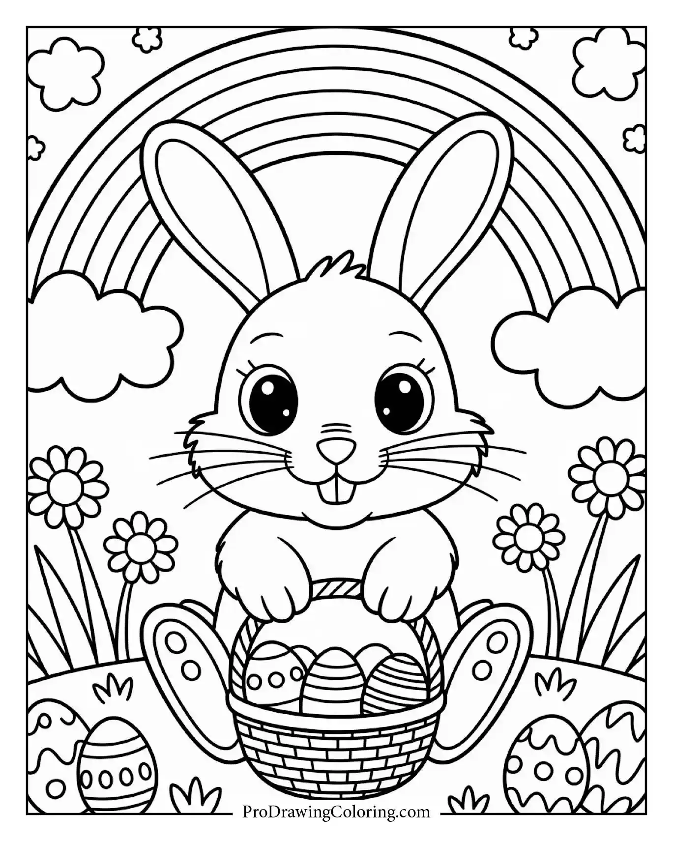 A bunny sitting under a rainbow holding a basket of colorful Easter eggs.