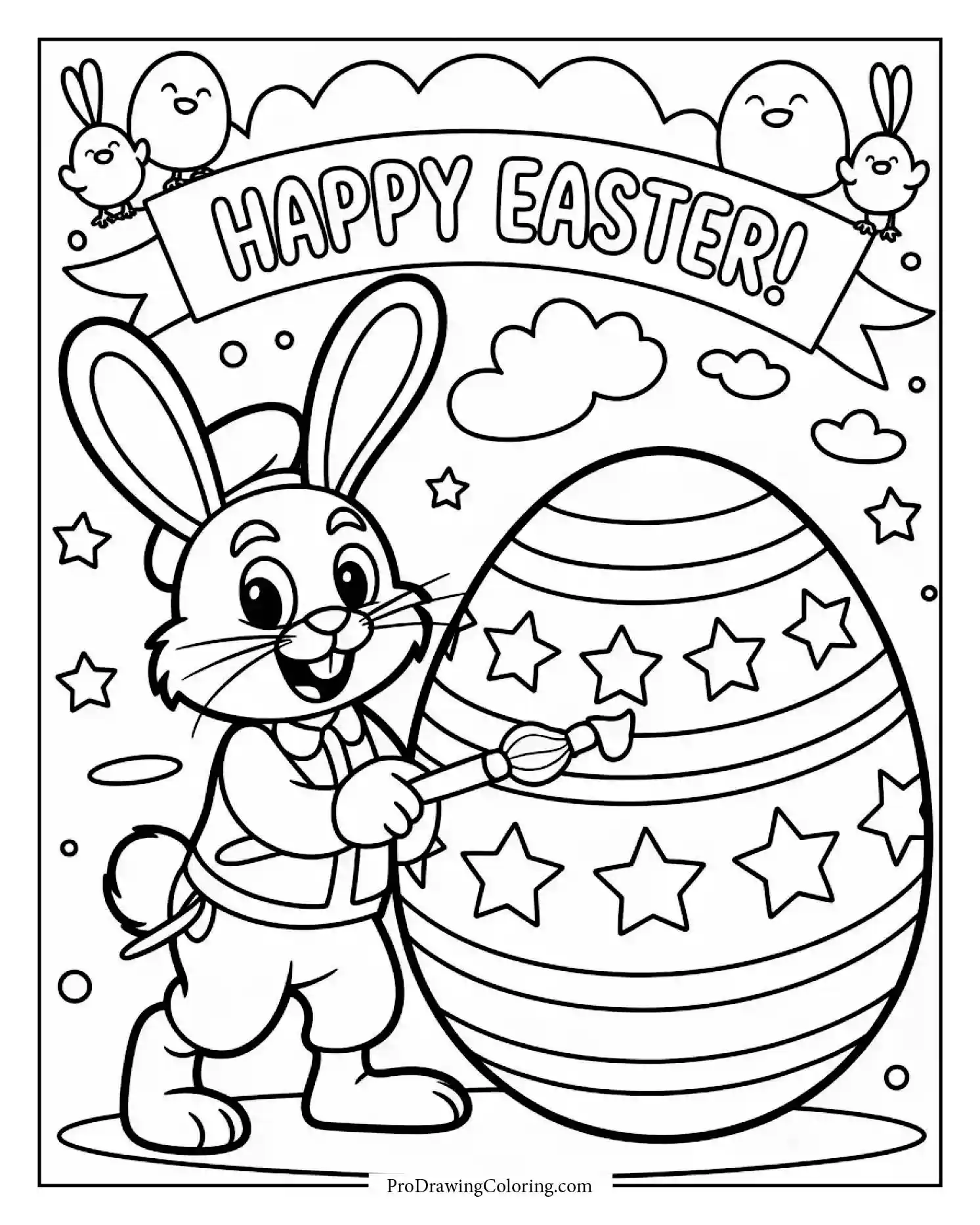 bunny with giant easter egg Easter bunny coloring page with giant decorated egg, printable fun