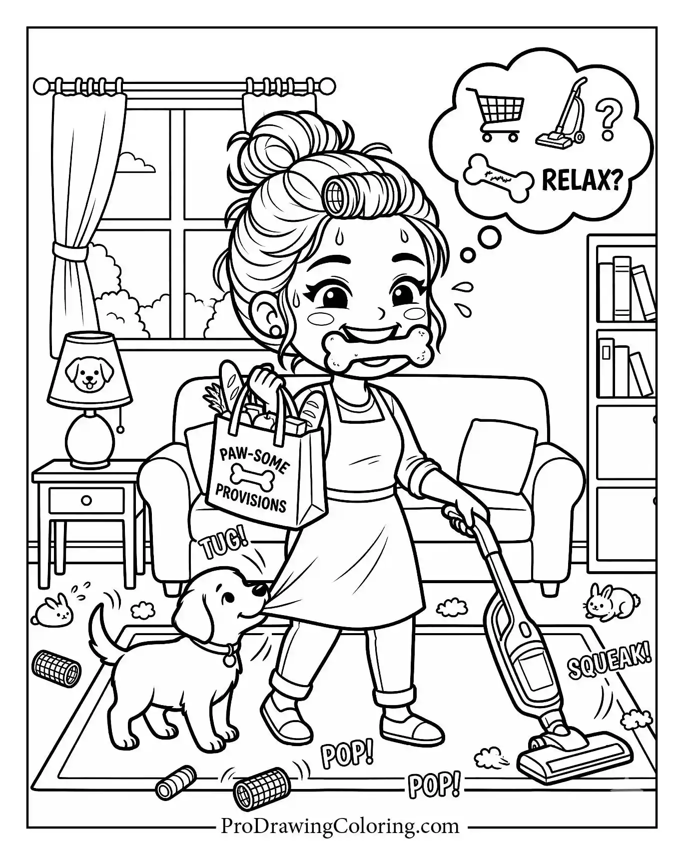 Mother vacuuming the floor with a grocery bag and dog bone. A humorous printable coloring page celebrating hardworking moms.