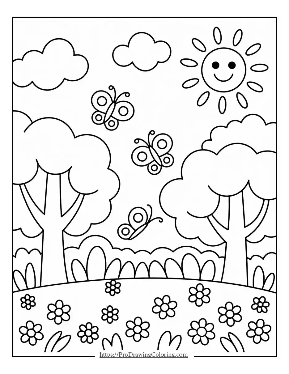 butterflies flying over flowers and trees in a cheerful spring scene, designed as a spring coloring page