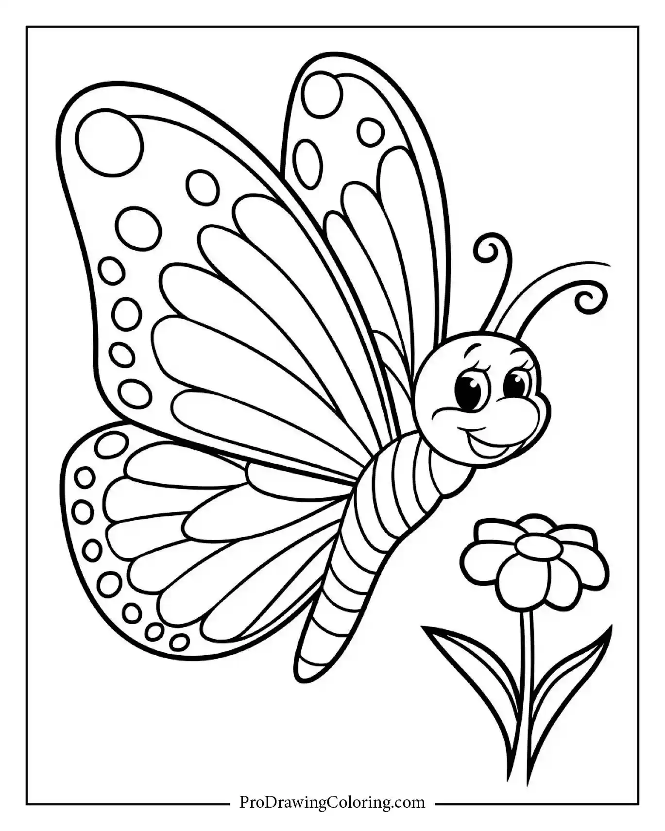 Cute butterfly flying near flower with friendly expression.