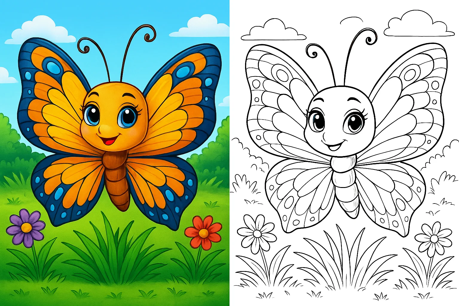 Butterfly coloring page – cute butterfly with big wings in a garden, printable coloring sheet for kids.
