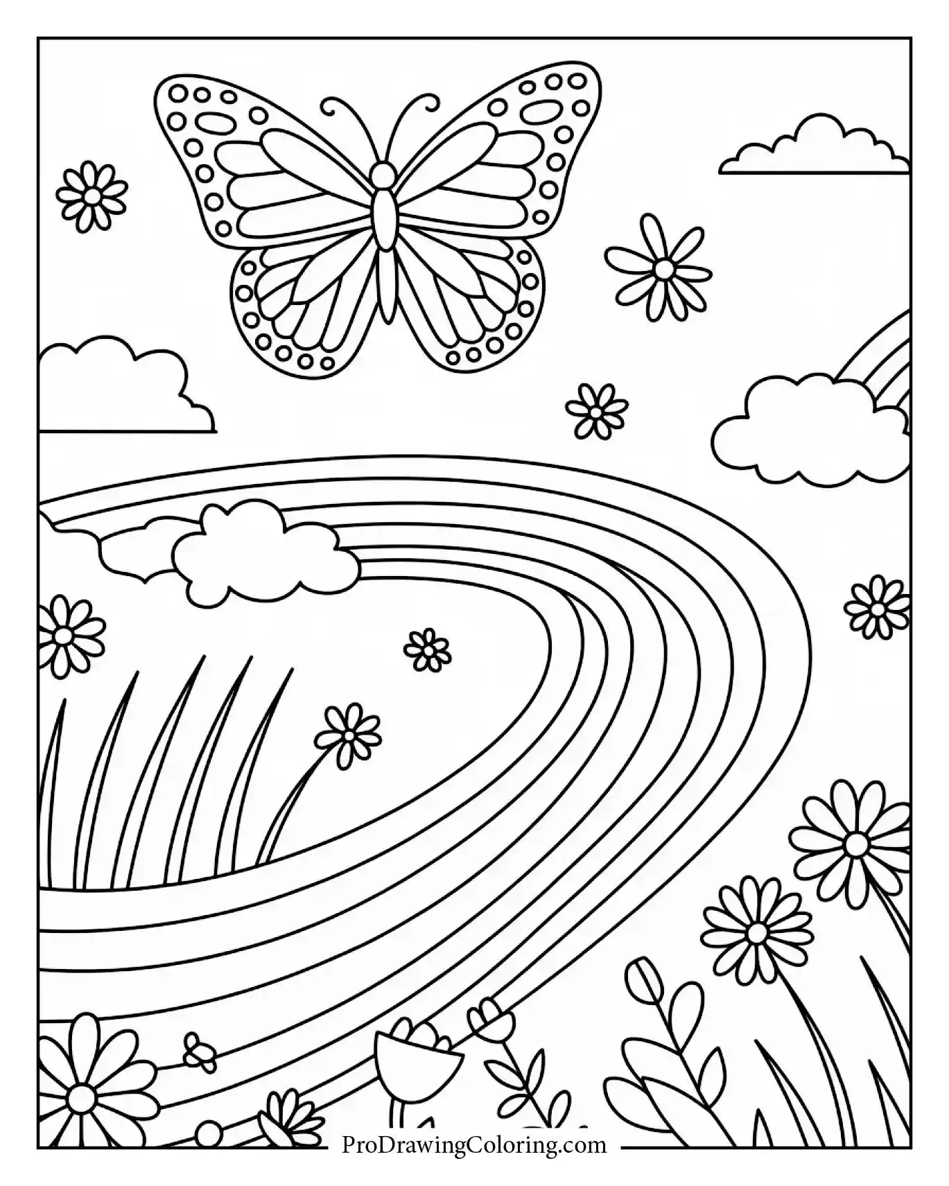 A butterfly flying gracefully through a rainbow trail sparkling with light coloring sheet
