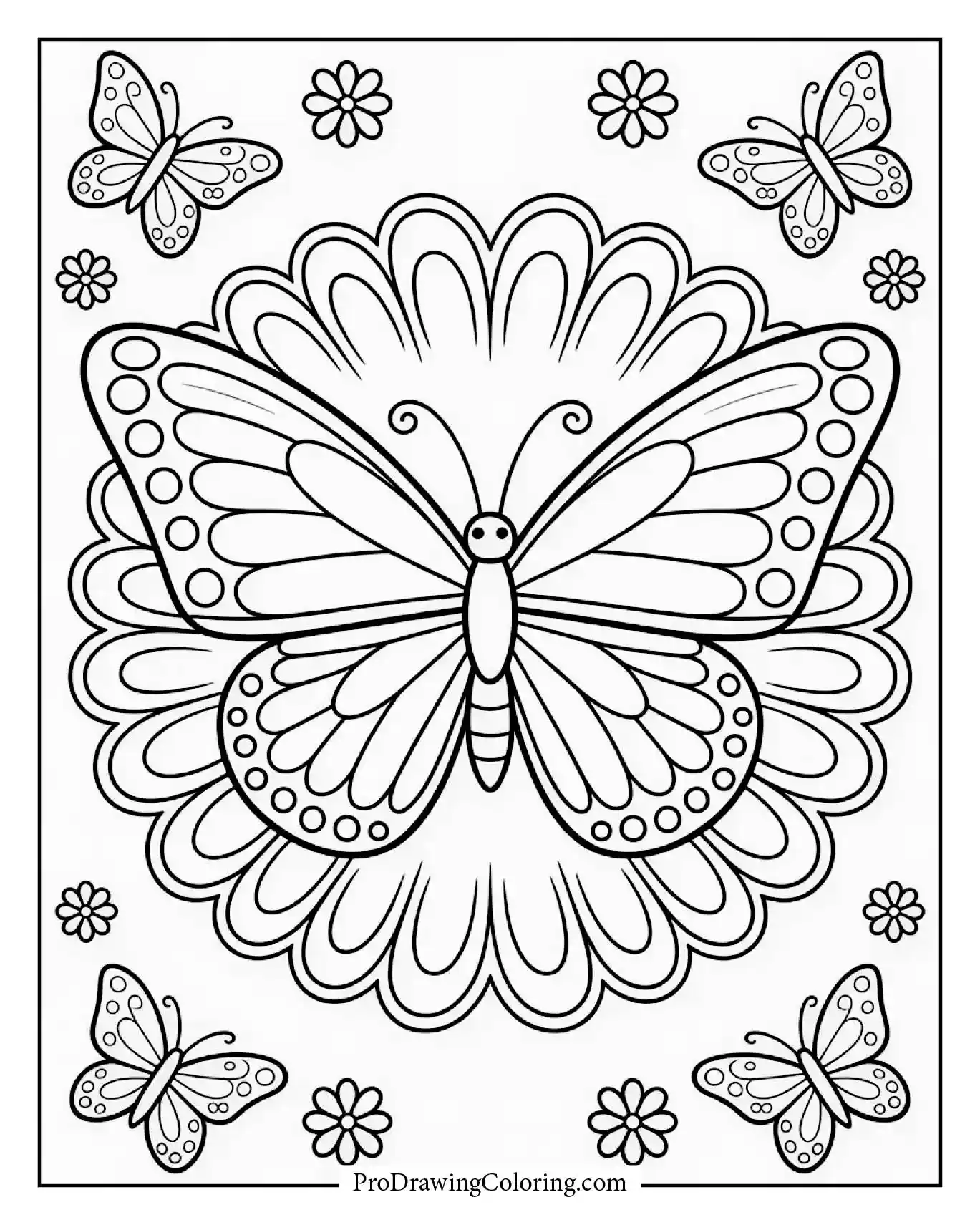 Butterfly surrounded by mandala shaped flowers ornamental printable.