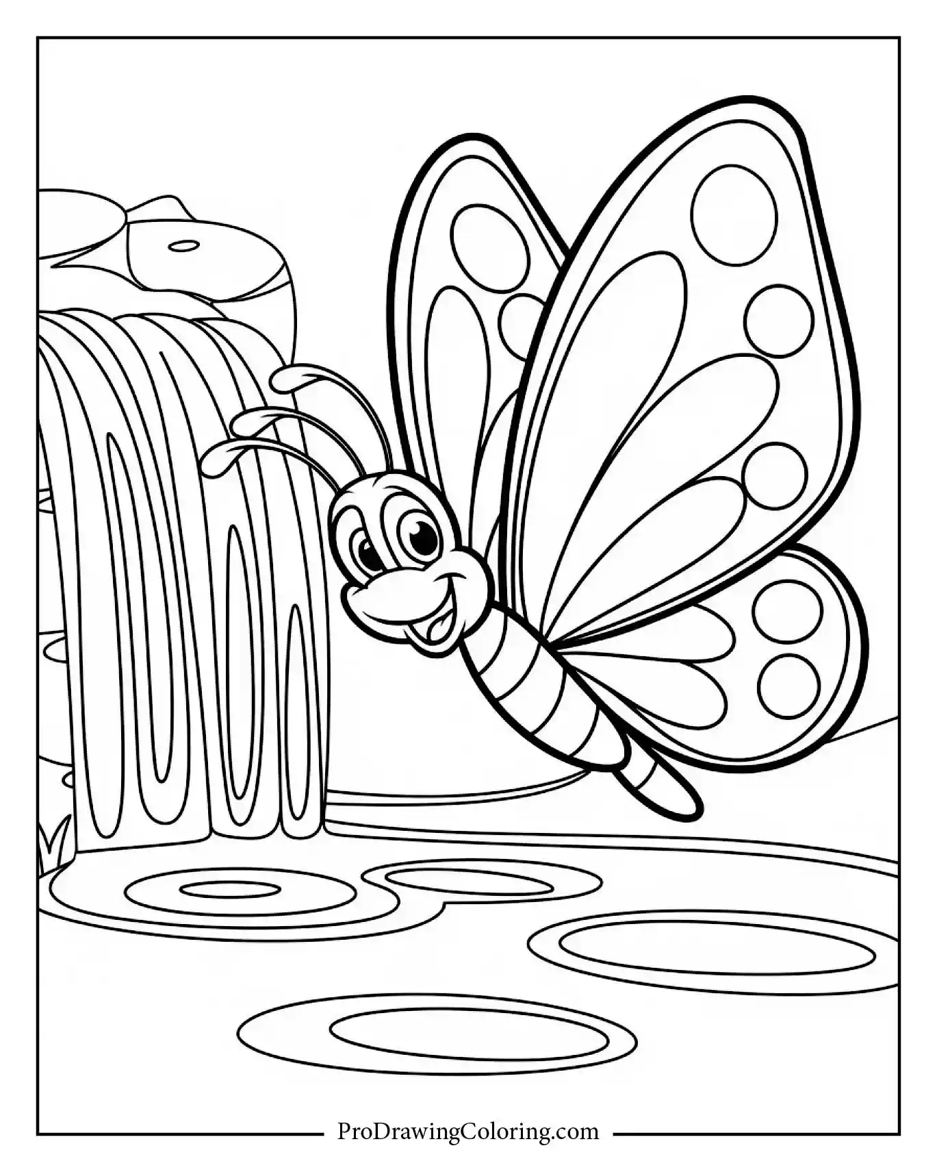 Butterfly near waterfall on sunny nature landscape for coloring.
