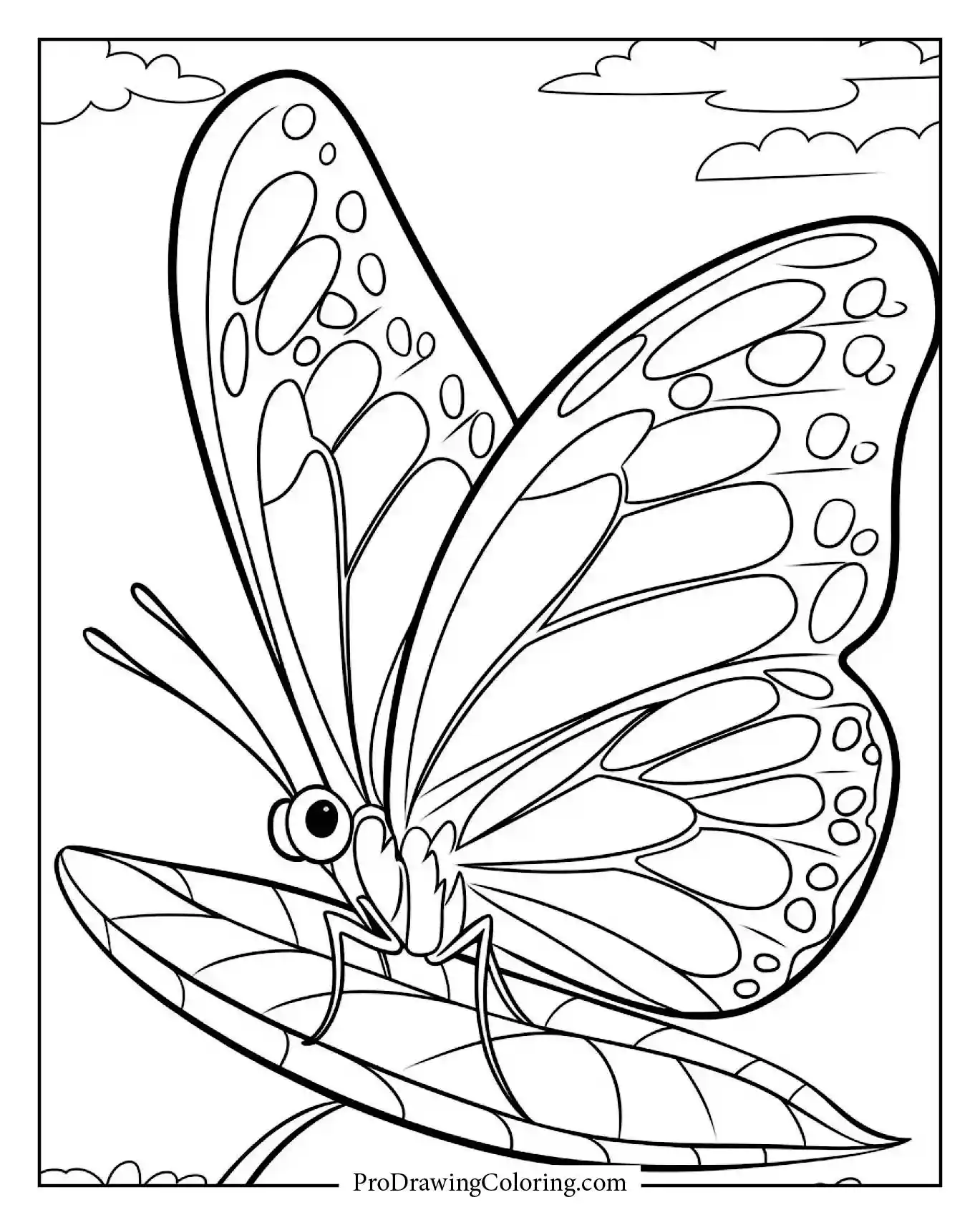 Butterfly resting on a leaf under cloudy sky, printable nature coloring for kids.