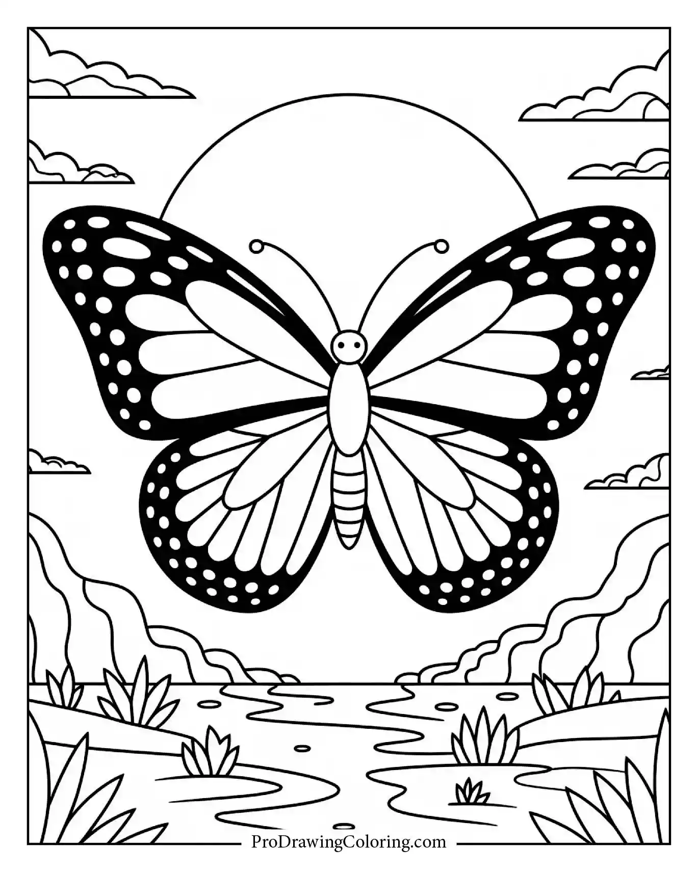 Butterfly flying over river canyons and sky clouds nature scene.