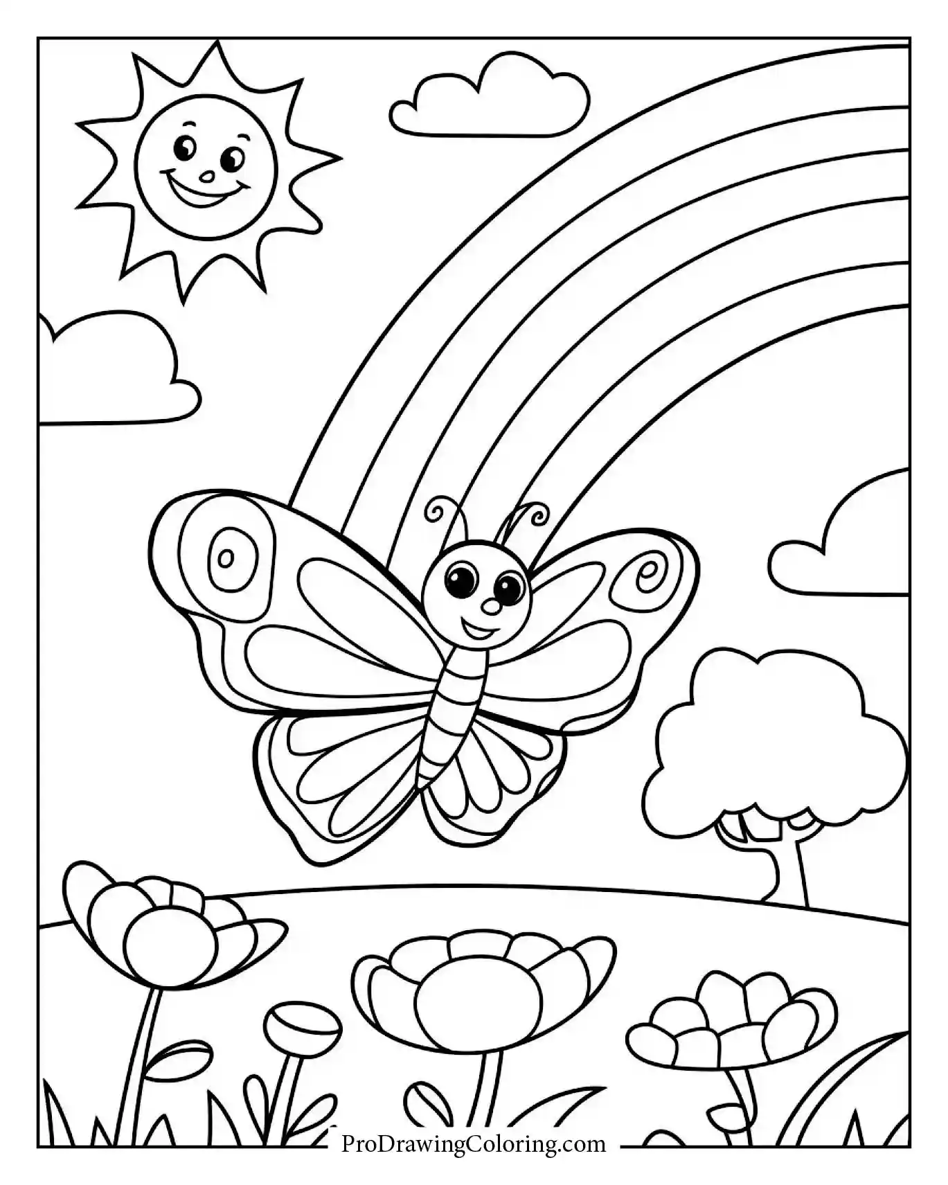 Smiling butterfly flying under rainbow with flowers and sun printable coloring.
