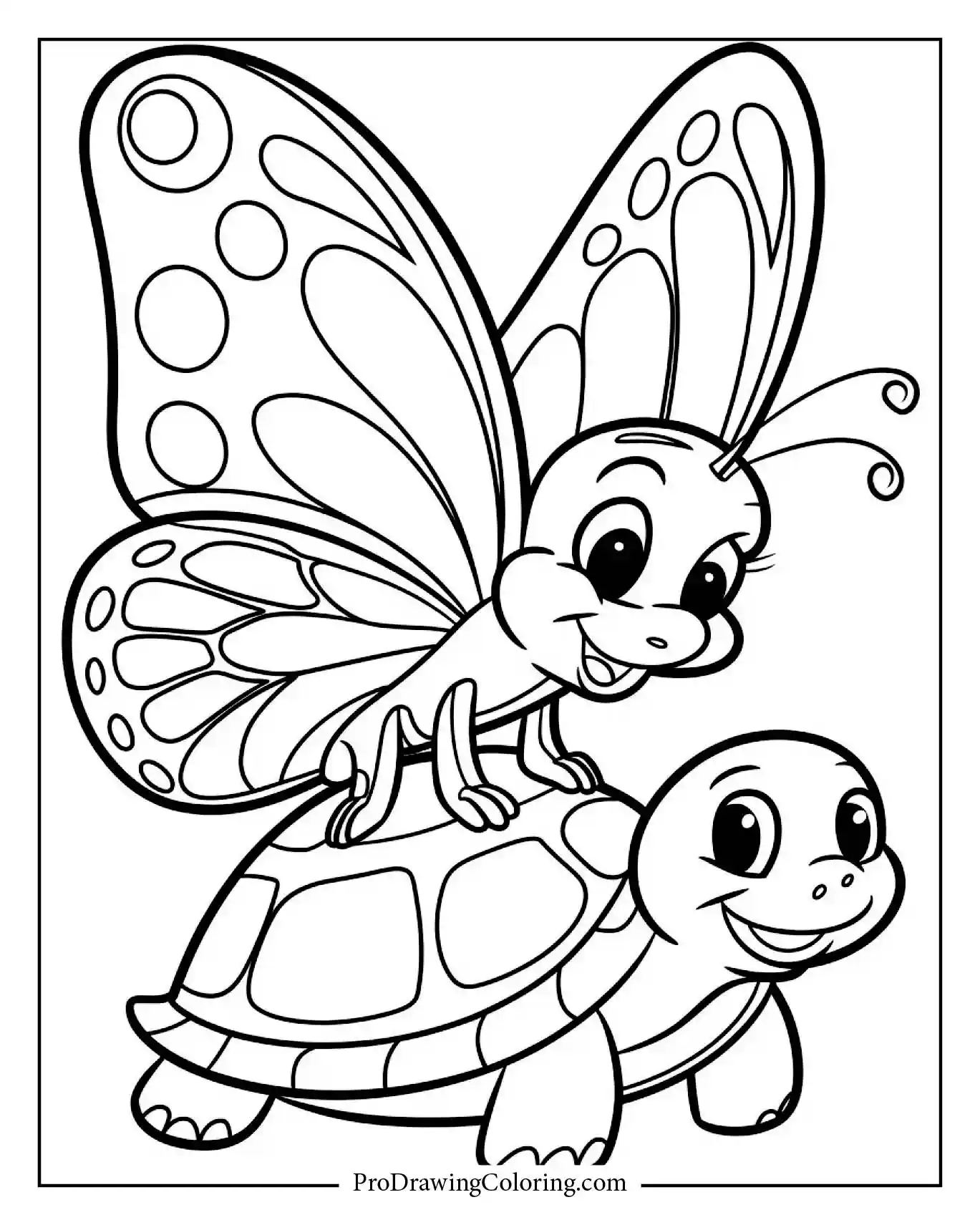 Smiling butterfly riding on turtle, fun kids coloring activity page.