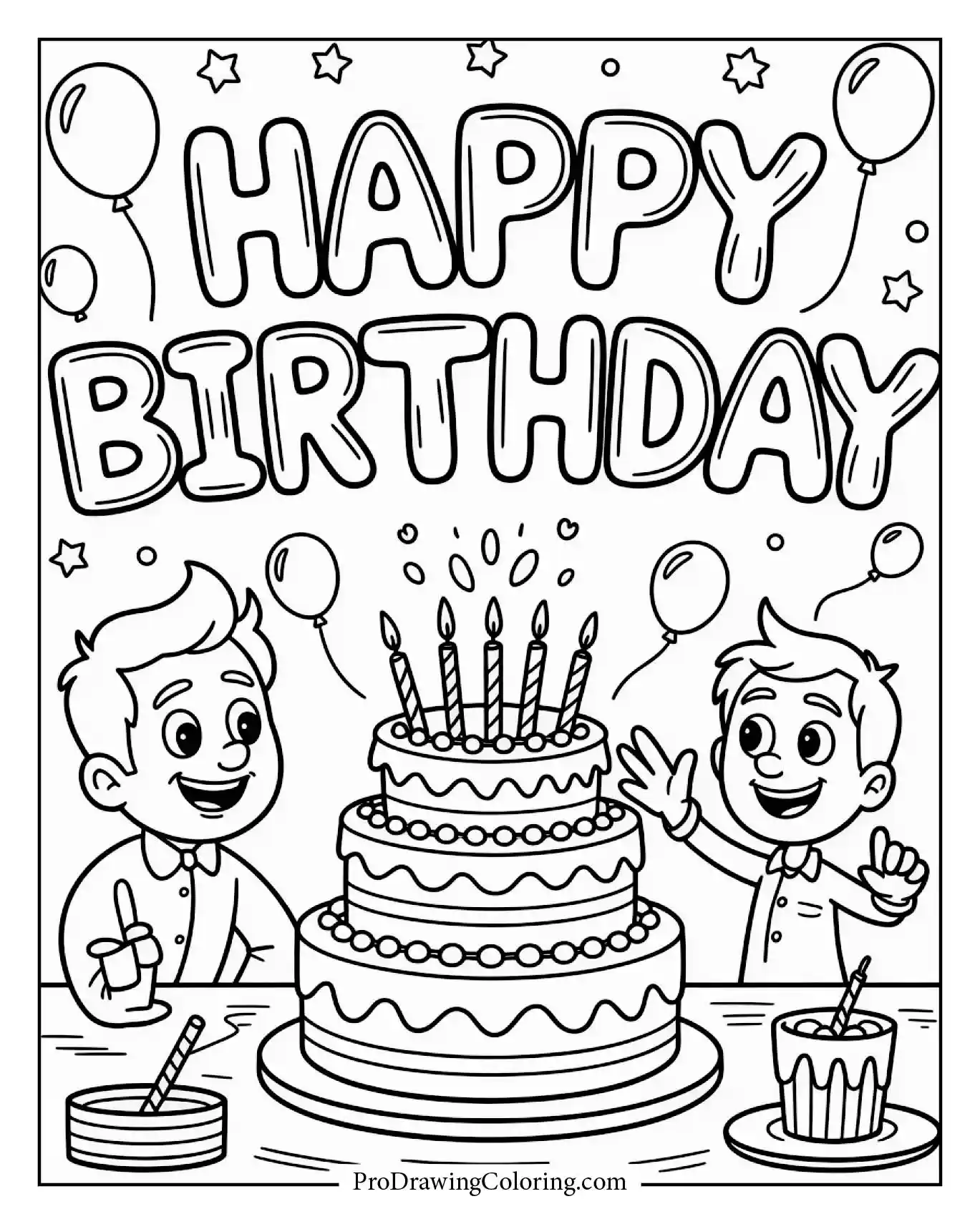 A joyful cake celebration scene in Balloon Font, perfect for a Happy Birthday Coloring Page to print.