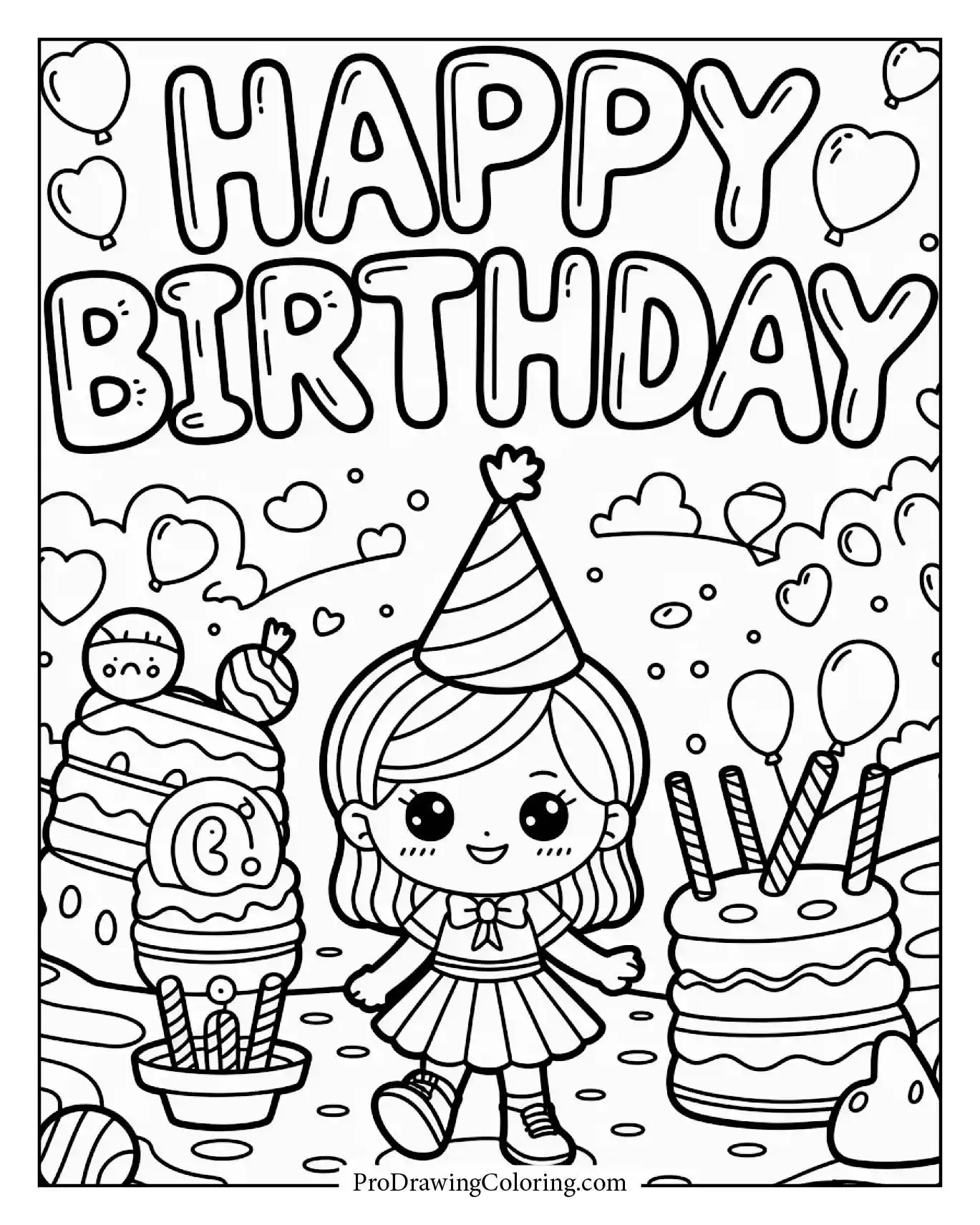 A joyful candy land scene in Balloon Font, adorable Happy Birthday Coloring Page with balloons.