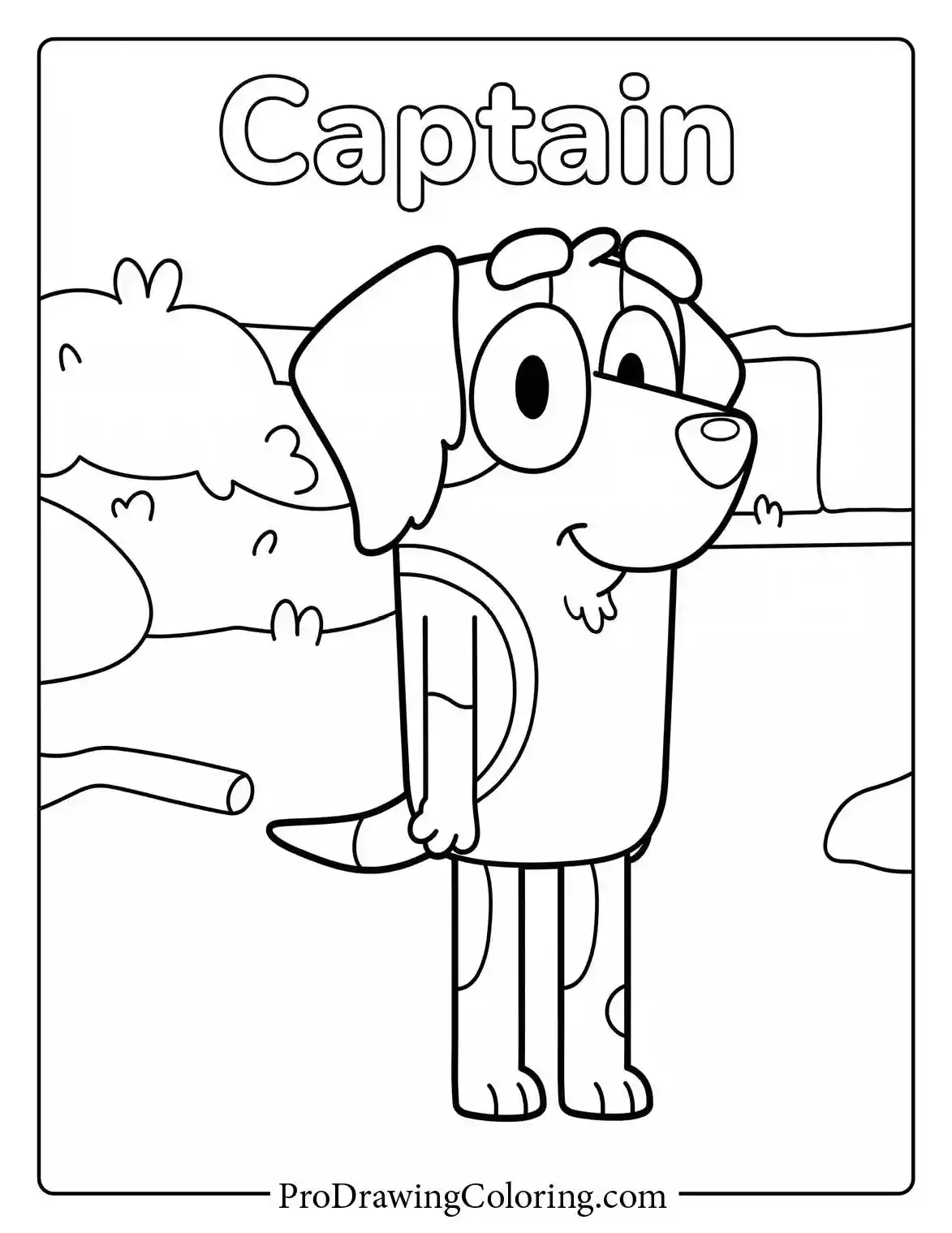 Captain the dog, one of Bluey's friends, standing calmly in the sunshine on this simple coloring page to download.