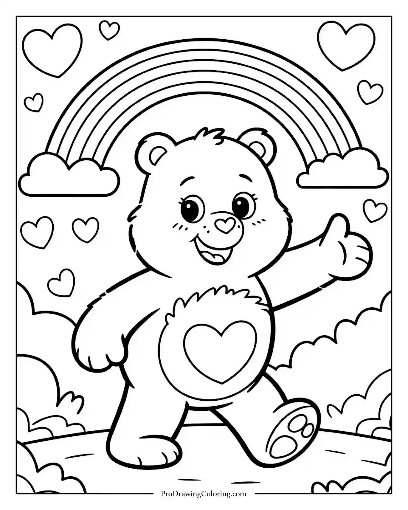 Happy bear coloring page for beginners with rainbow hearts in the sky