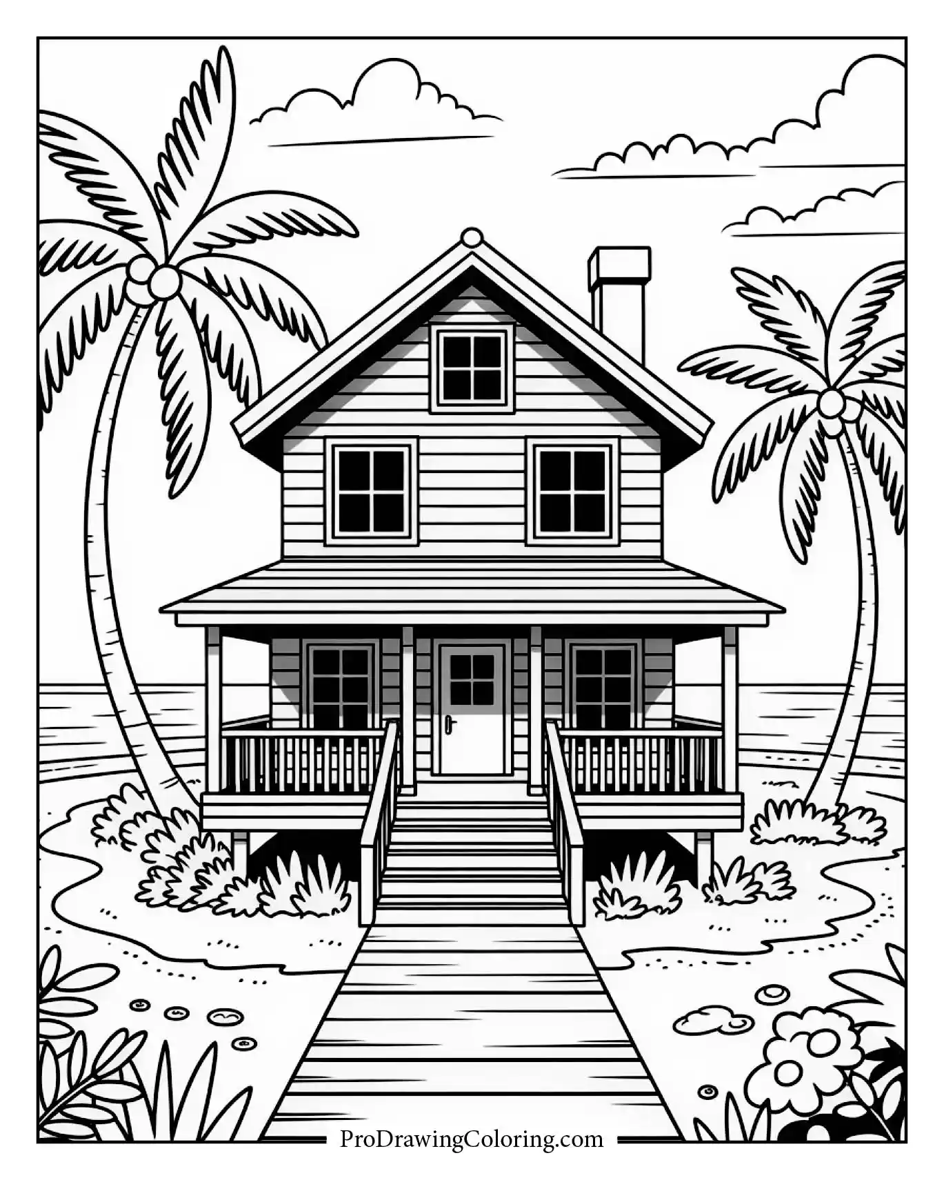 Beach coloring pages – cute cartoon beach house