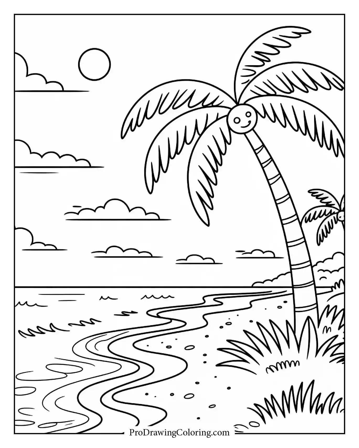 Beach coloring pages – cartoon beach with palm trees