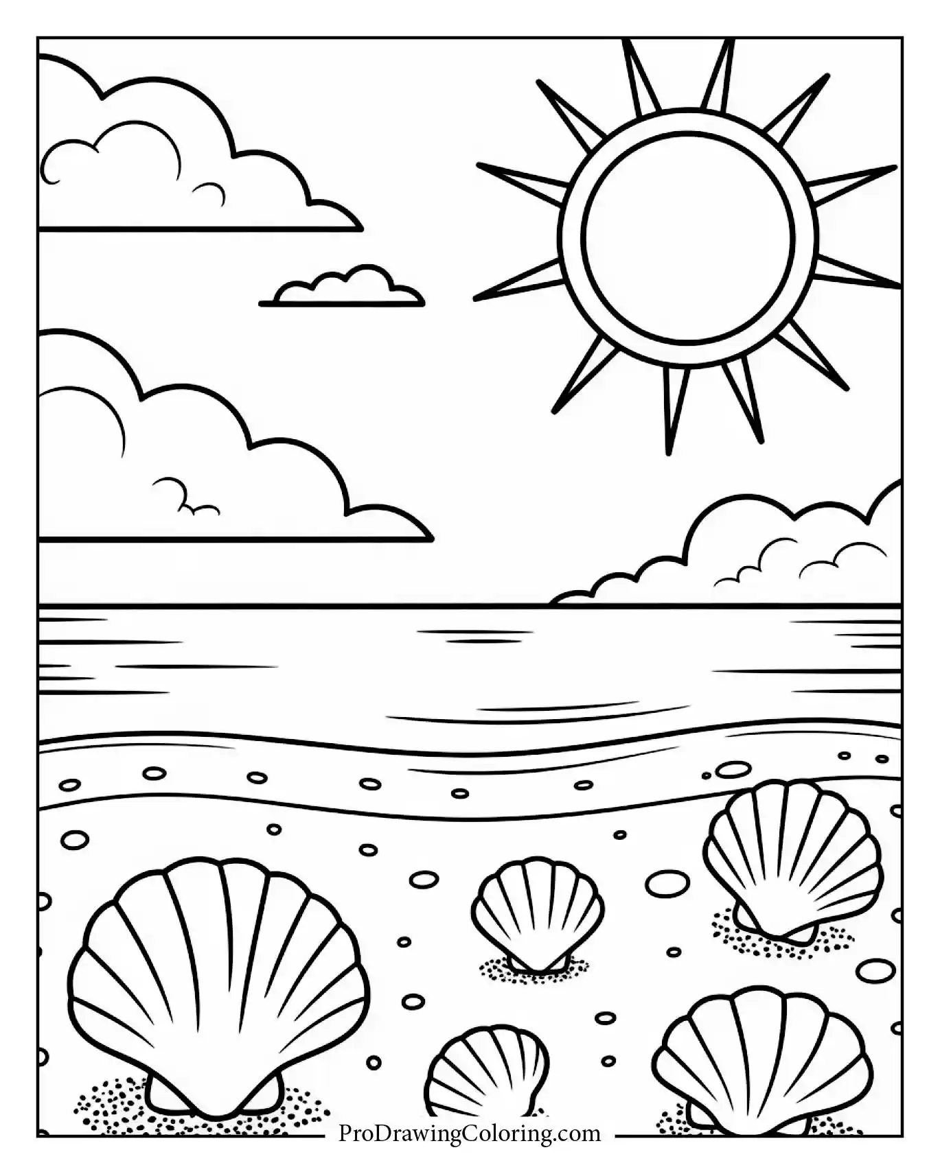 Beach coloring pages – cartoon beach with sun and seashells