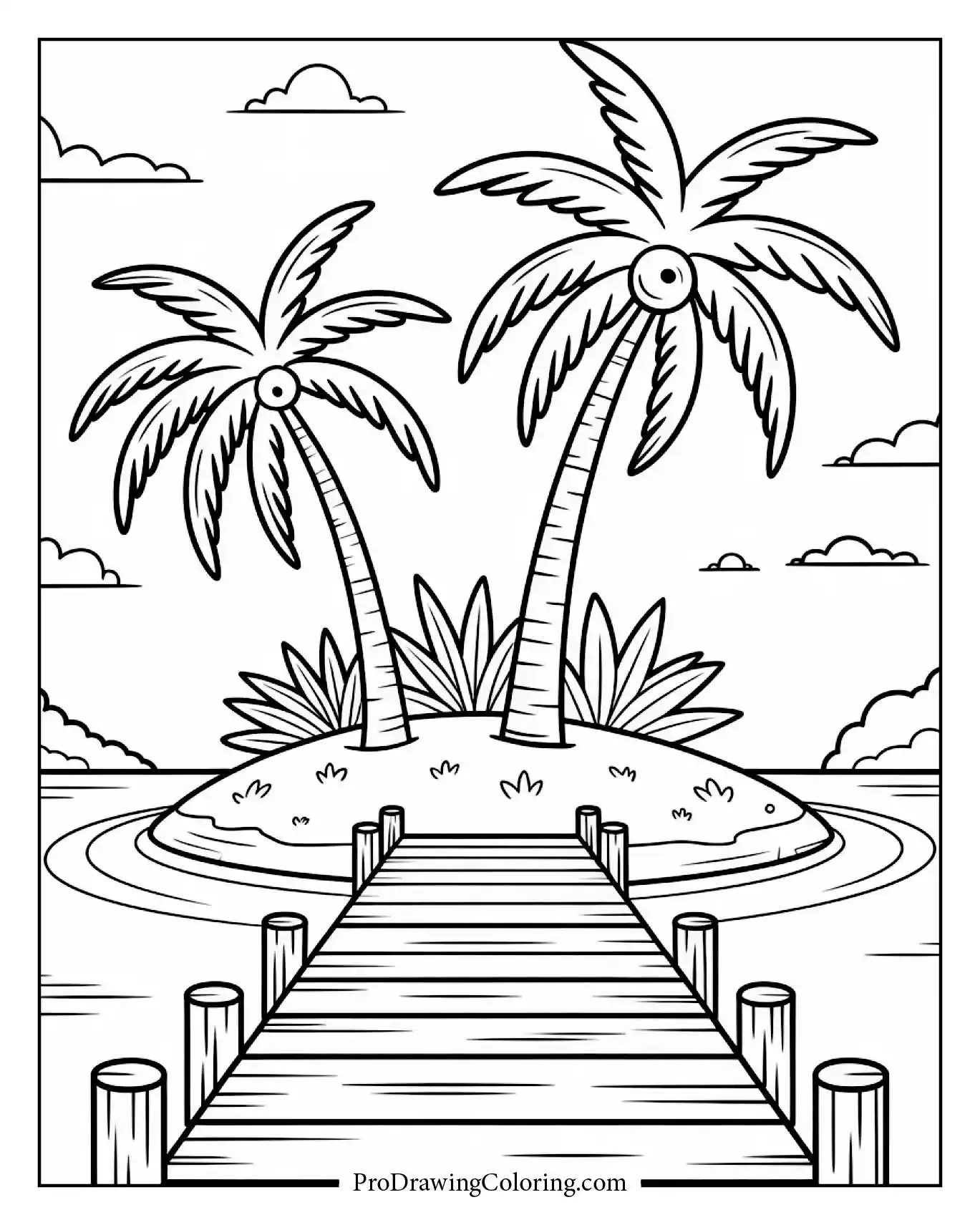Beach coloring pages – cartoon island dock over the water
