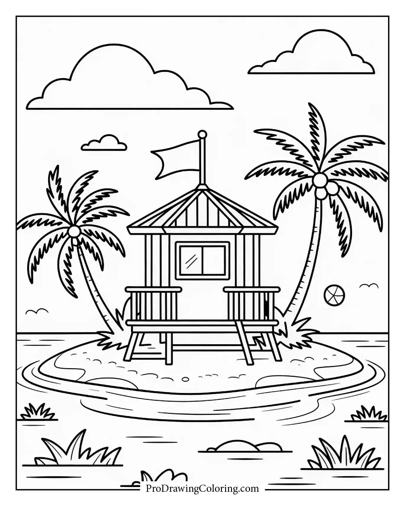 Beach coloring pages – cartoon island lifeguard hut