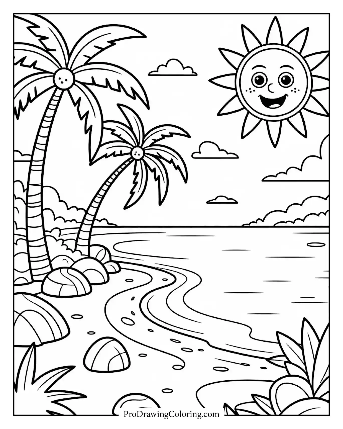 Beach coloring pages – cartoon tropical beach with rocks