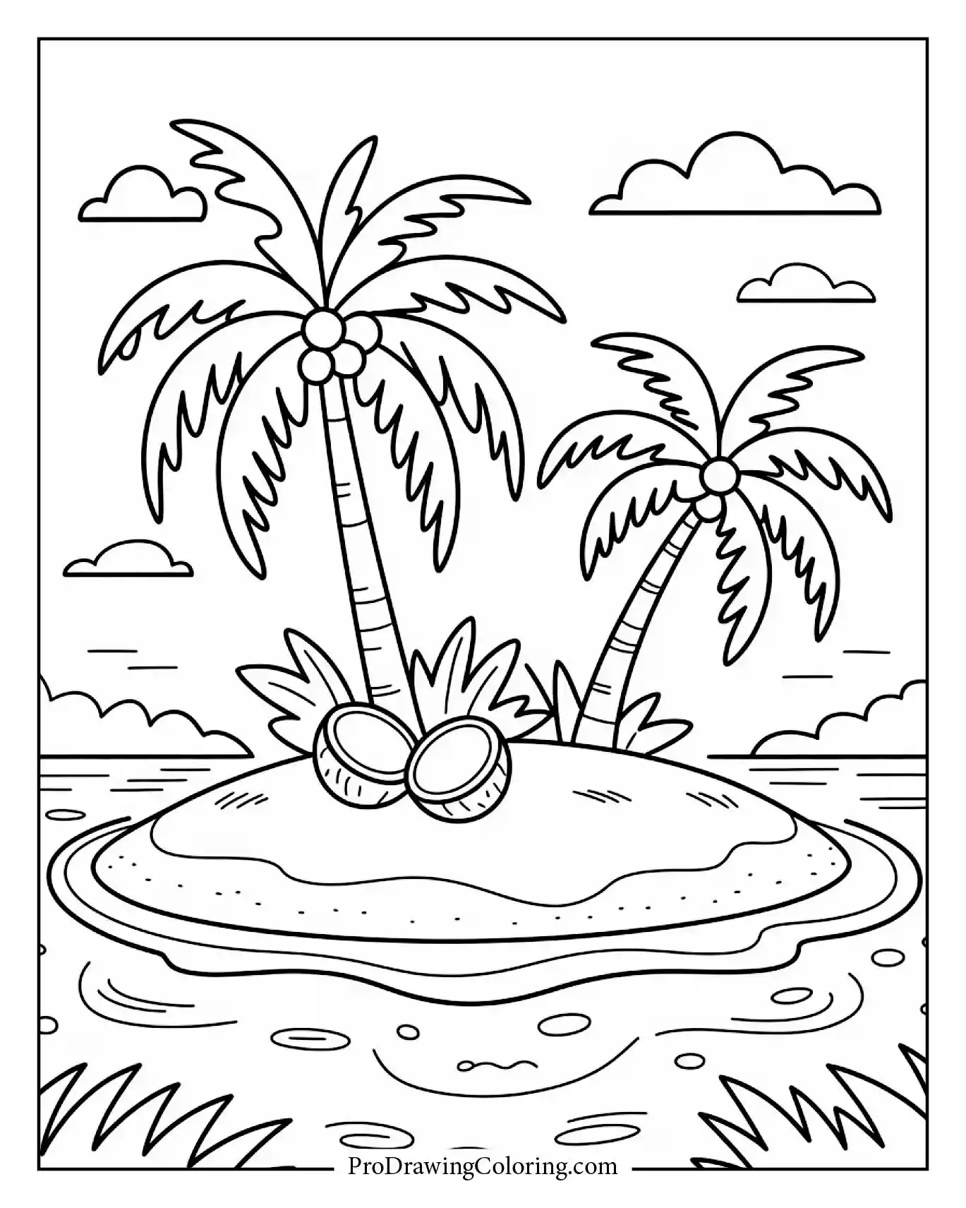 Beach coloring pages – cartoon tropical island scene