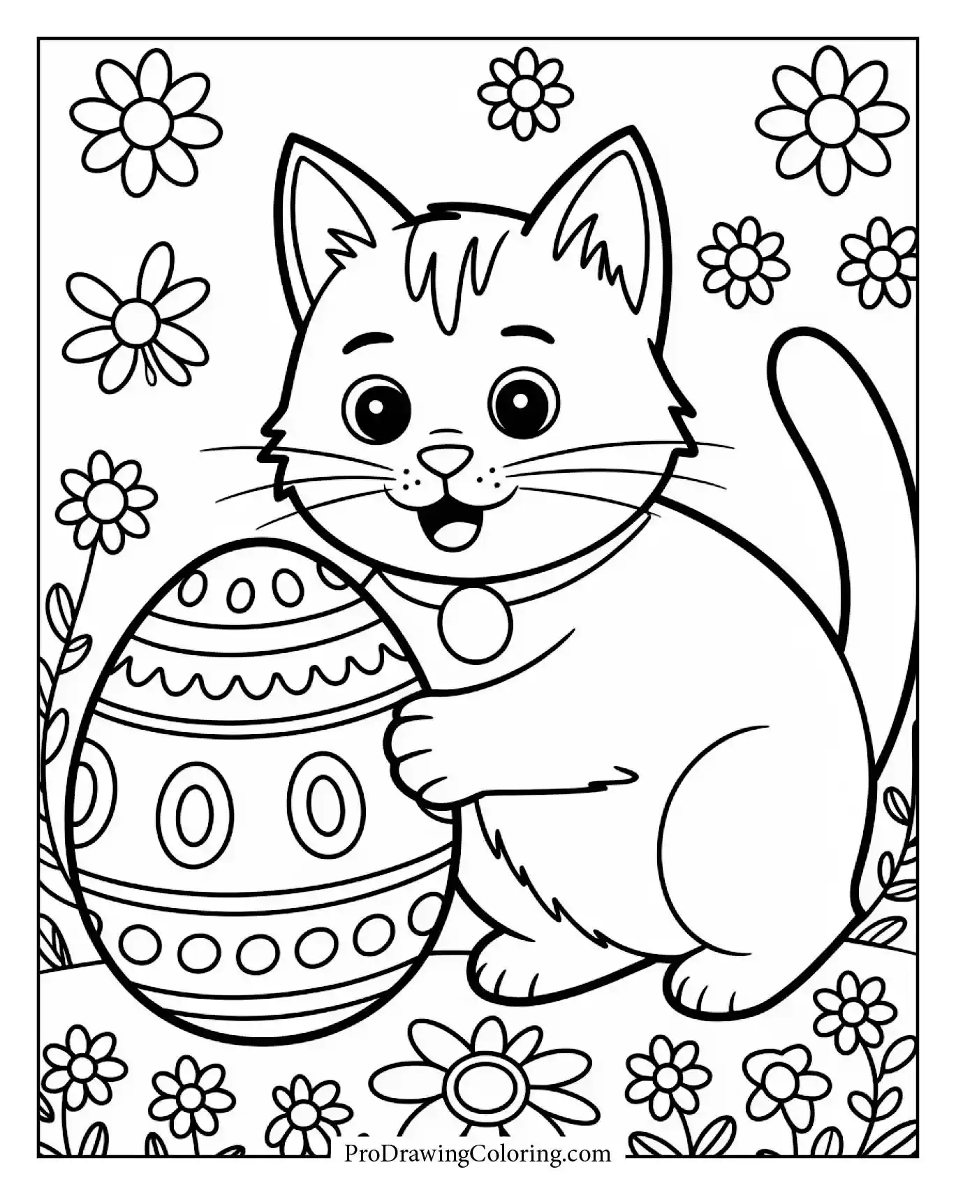 A playful cat rolling a decorated Easter egg near spring flowers.