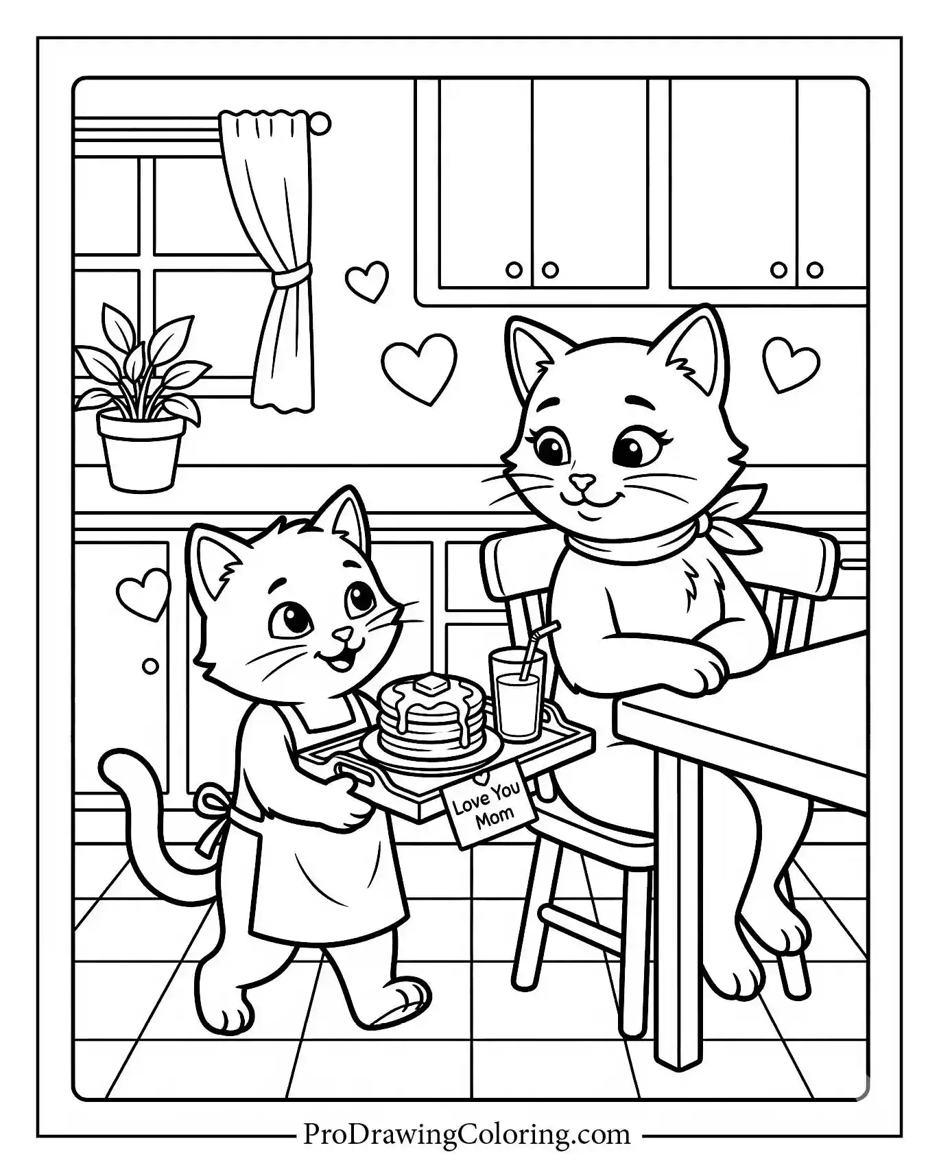 Small kitten wearing an apron carrying a breakfast tray with pancakes to its mother. A sweet mothers day coloring sheet that celebrates special moments.